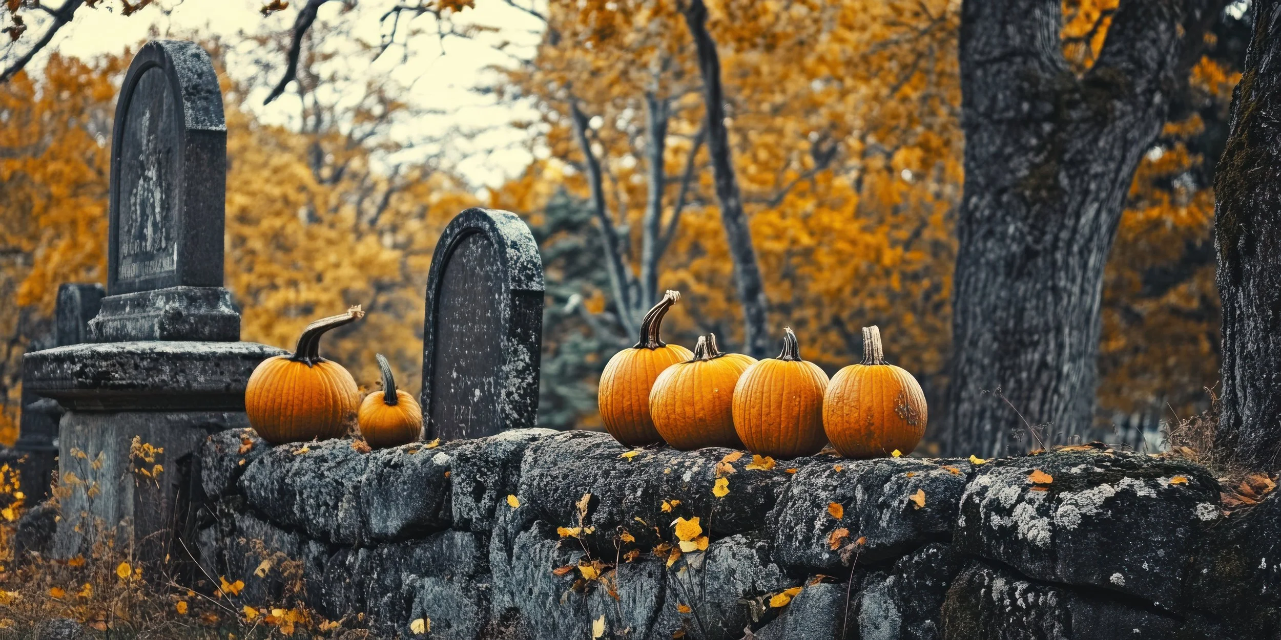 Cimetière avec des tombes et des potirons