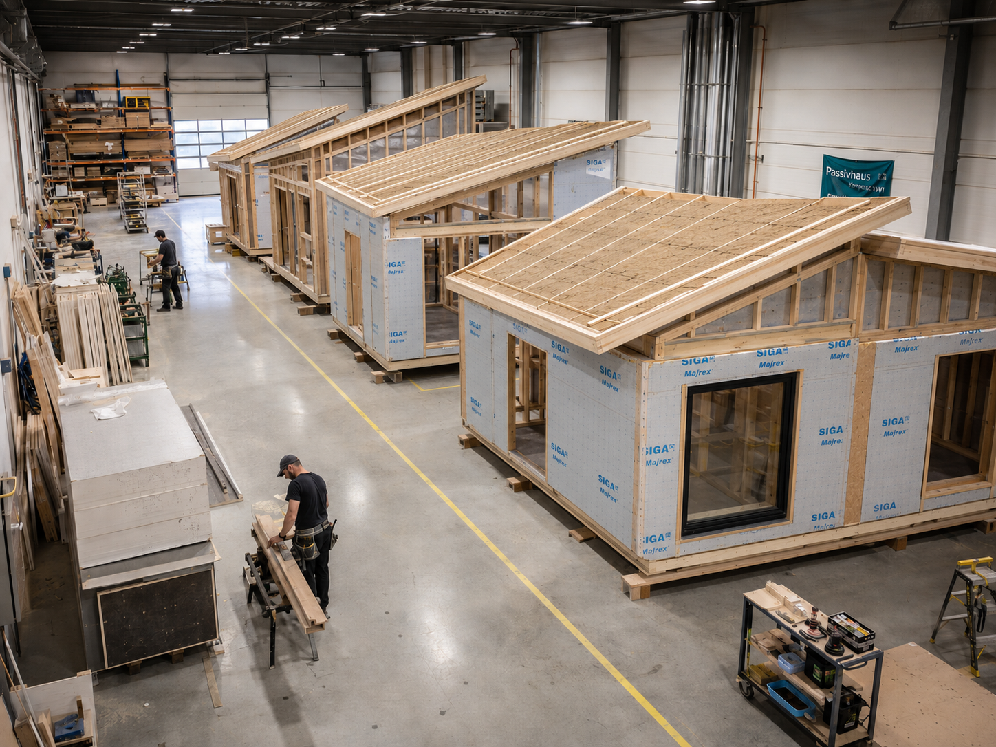 Interior view of a woodworking factory with several partially assembled wooden houses on the right, construction workers working on wood pieces, and various tools and materials around.
