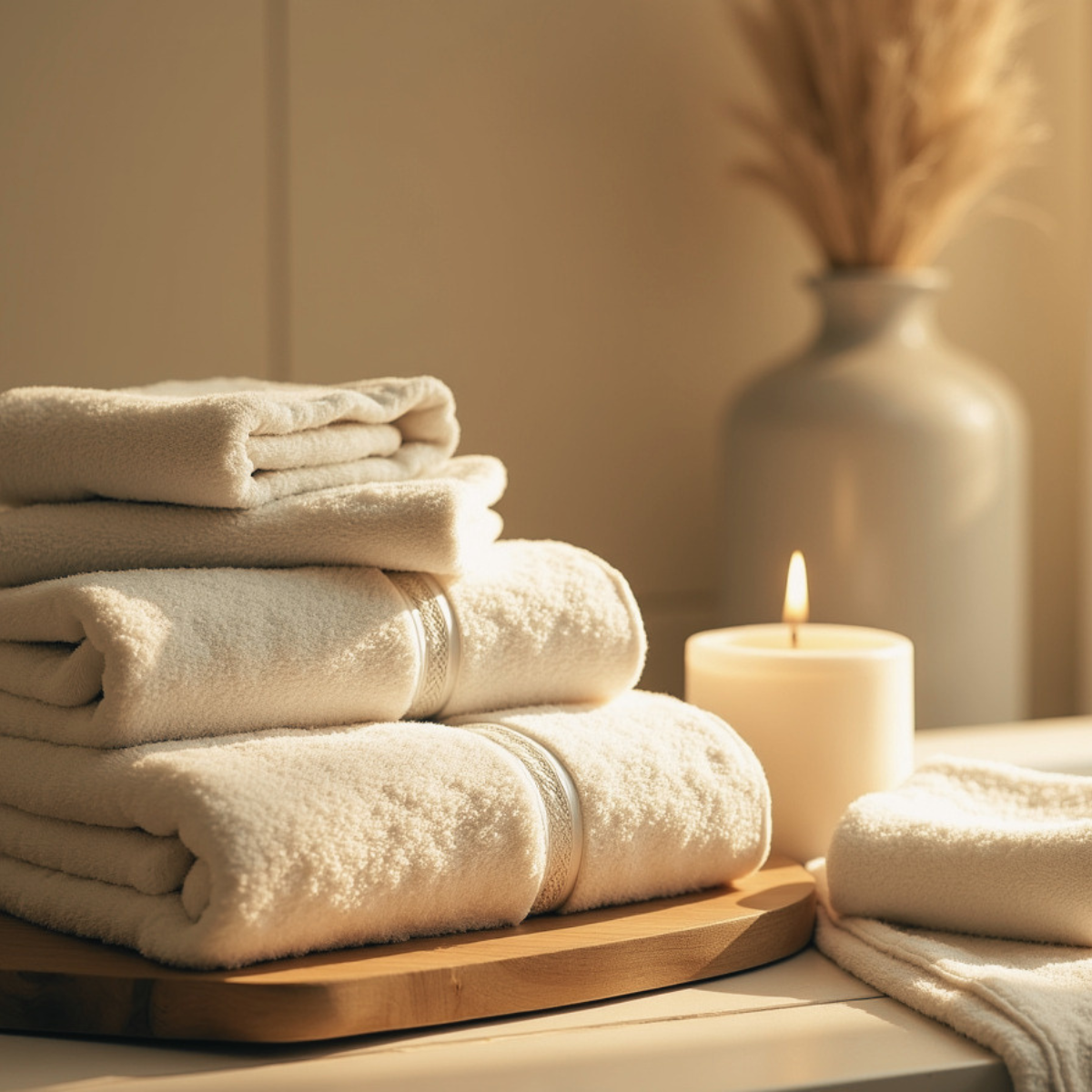 A stack of folded white towels sits on a wooden tray next to a lit candle and a vase with dried pampas grass in a calming, neutral-colored setting.