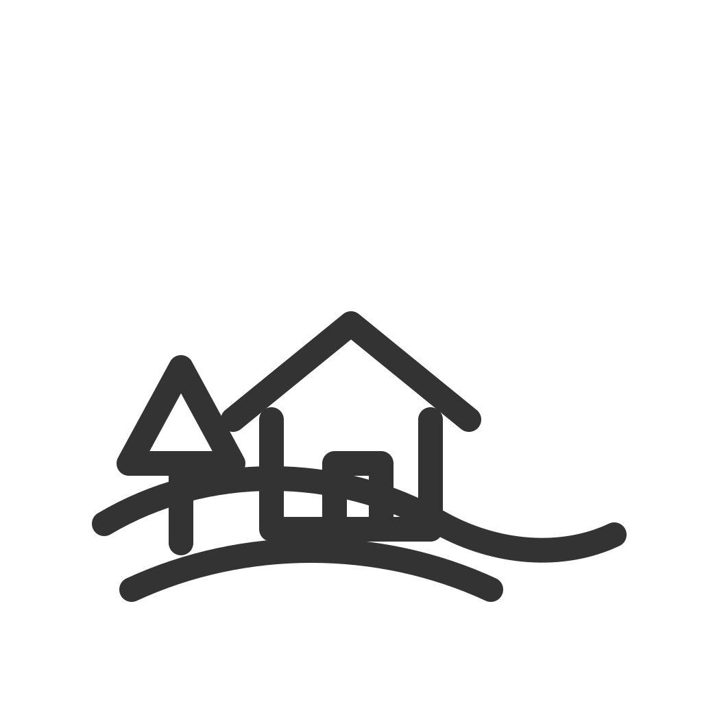 Line drawing of a small house, a tree, and a bridge over a curved path, all set in a minimalistic outdoor scene.