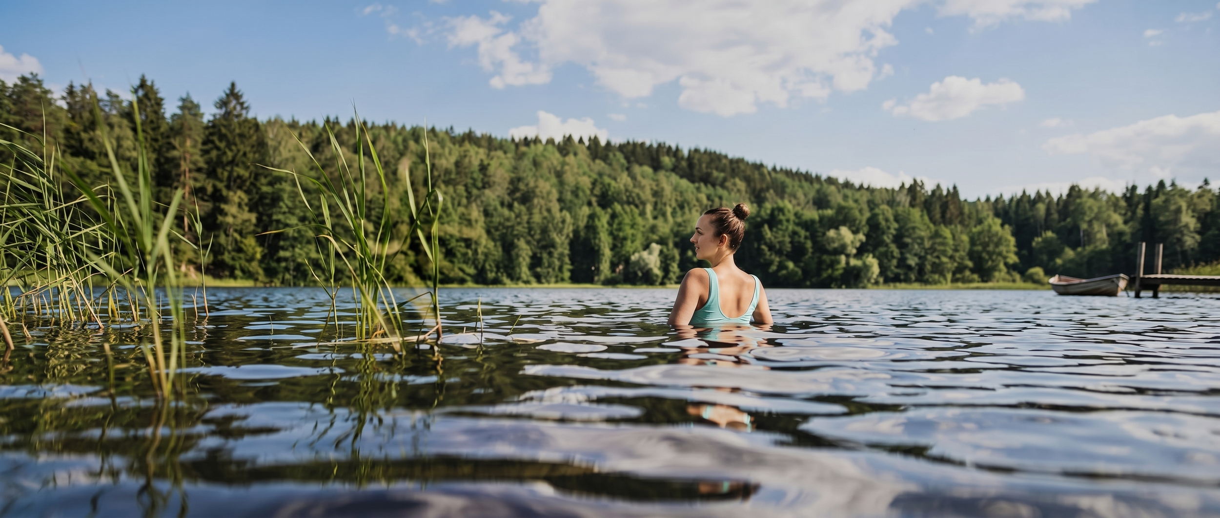 A woman in a blue swimsuit stands waist-deep in a lake, surrounded by green trees and a partly cloudy sky, with a boat docked nearby.