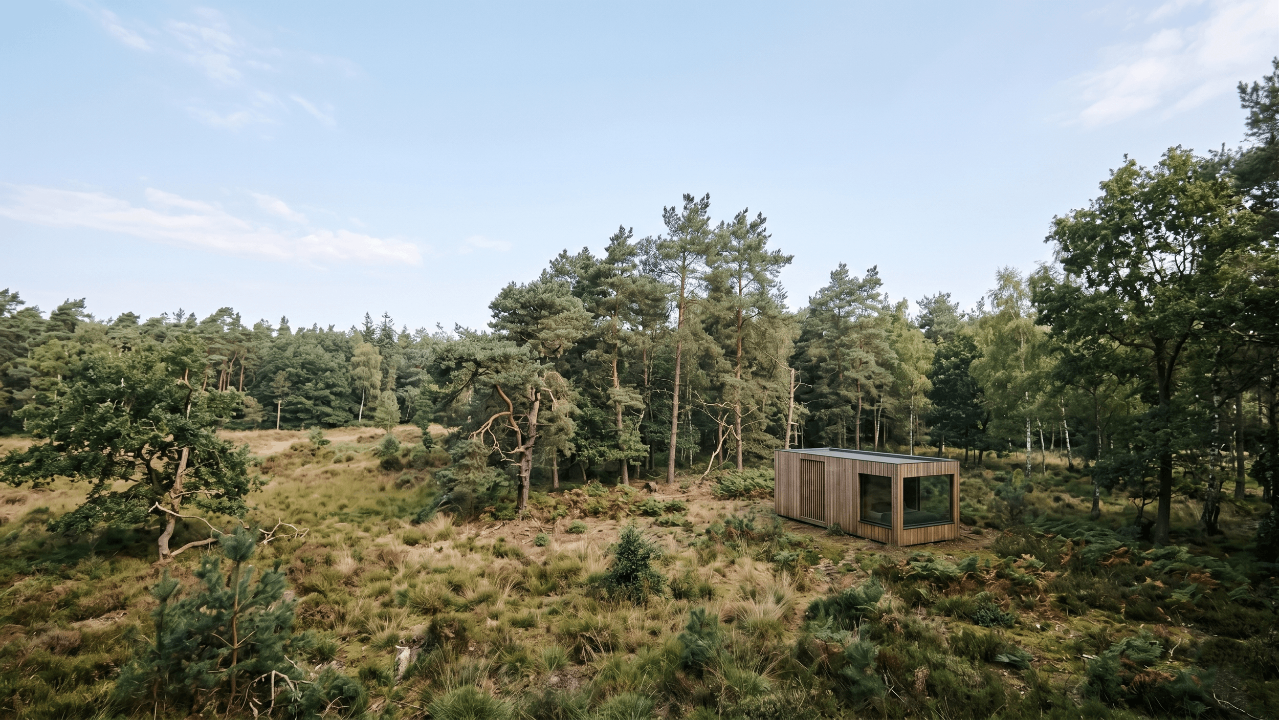 A modern scandi cabin located in a forest clearing with tall trees and green foliage under a blue sky.