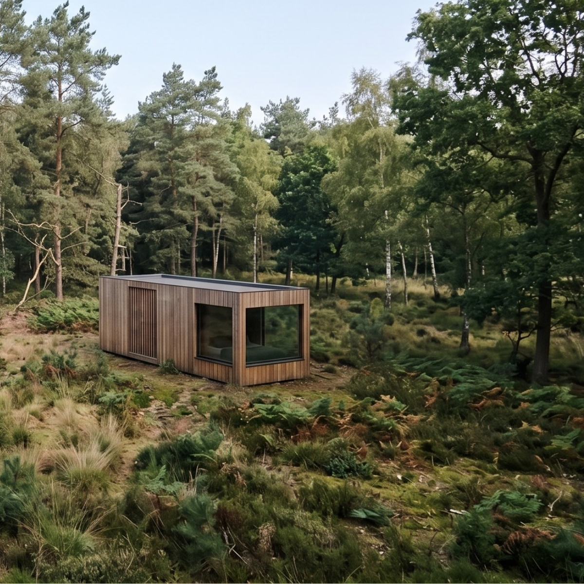 Modern wooden cabin with large front window situated in a lush green forest with tall trees and dense foliage.