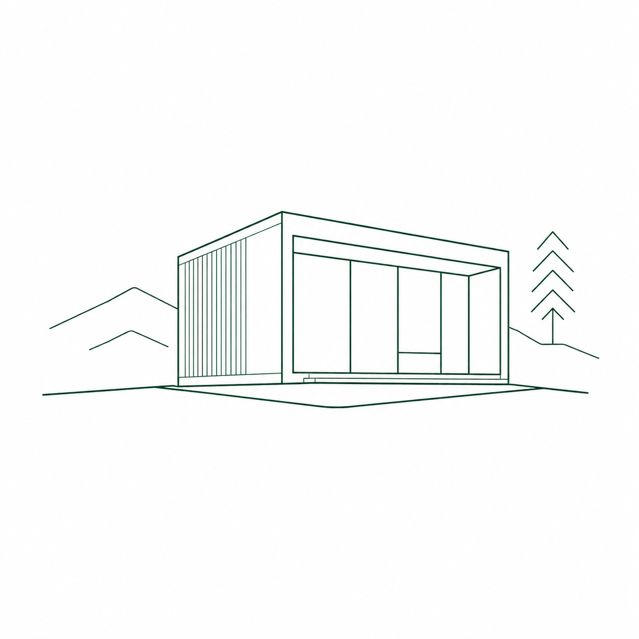 A minimalist line drawing of a modern, rectangular house with large glass windows, surrounded by mountains and a tree in the background.