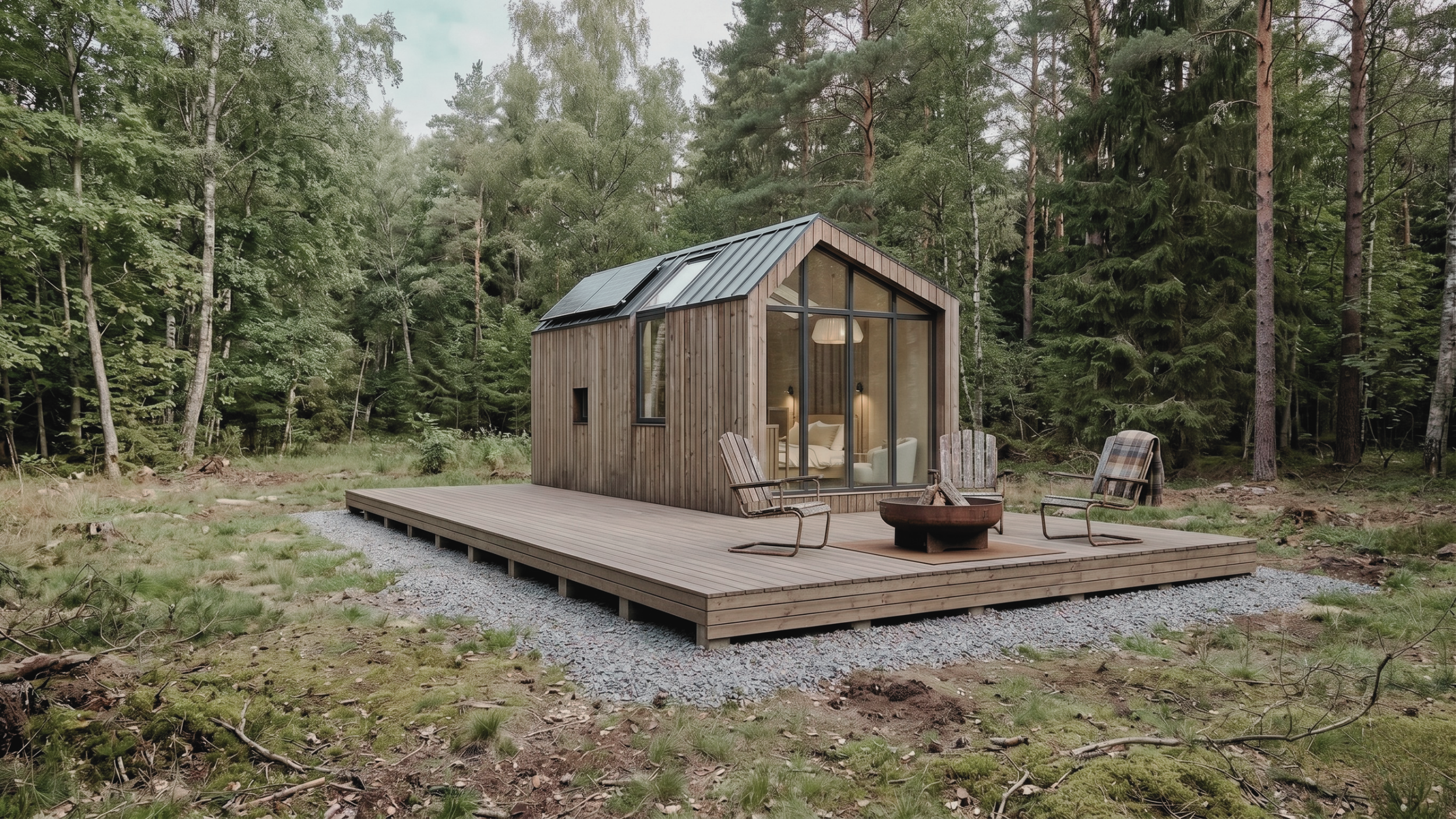 Small modern wooden cabin with large glass windows and a metal roof, situated in a dense forest. The cabin is on a raised wooden deck with outdoor chairs and a firepit, surrounded by tall trees and natural greenery.