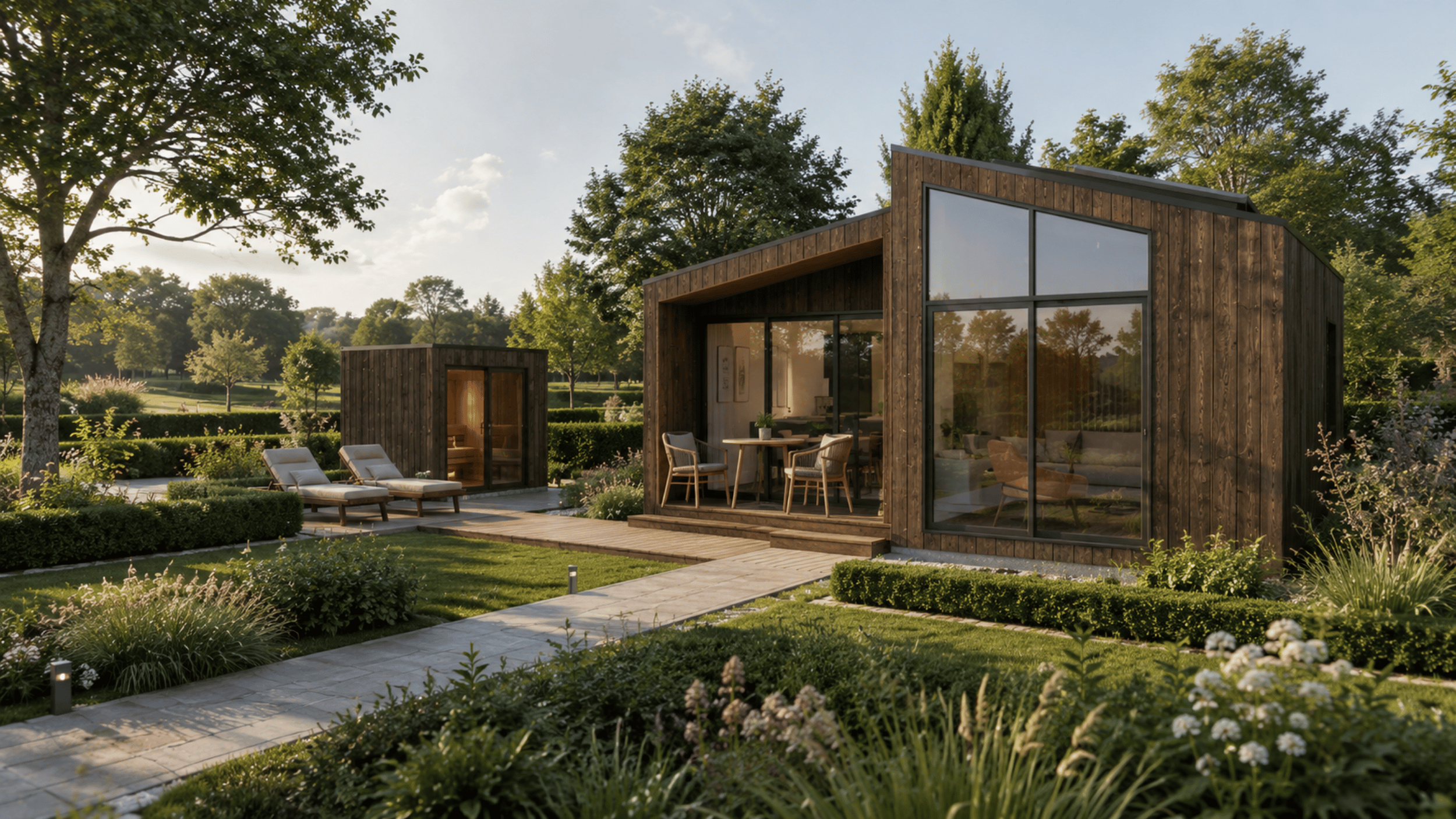 The SOMR Lodge surrounded by lush greenery and trees, with patio furniture, lounge chairs, and a garden pathway.