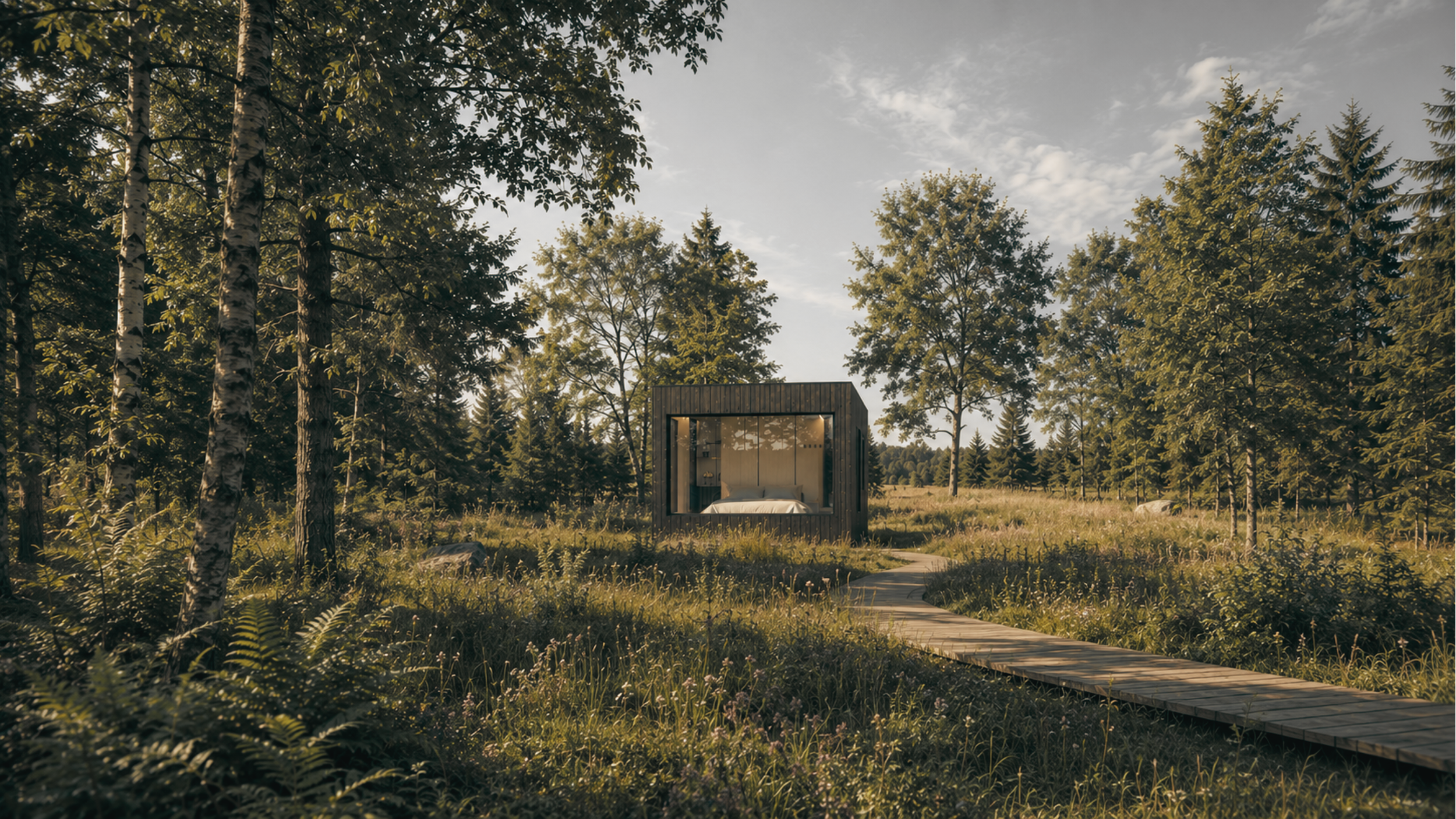 A small modern glass-walled cabin - the SOMR Glass - in the middle of a forest, with a wooden pathway leading to it, surrounded by tall trees and greenery.