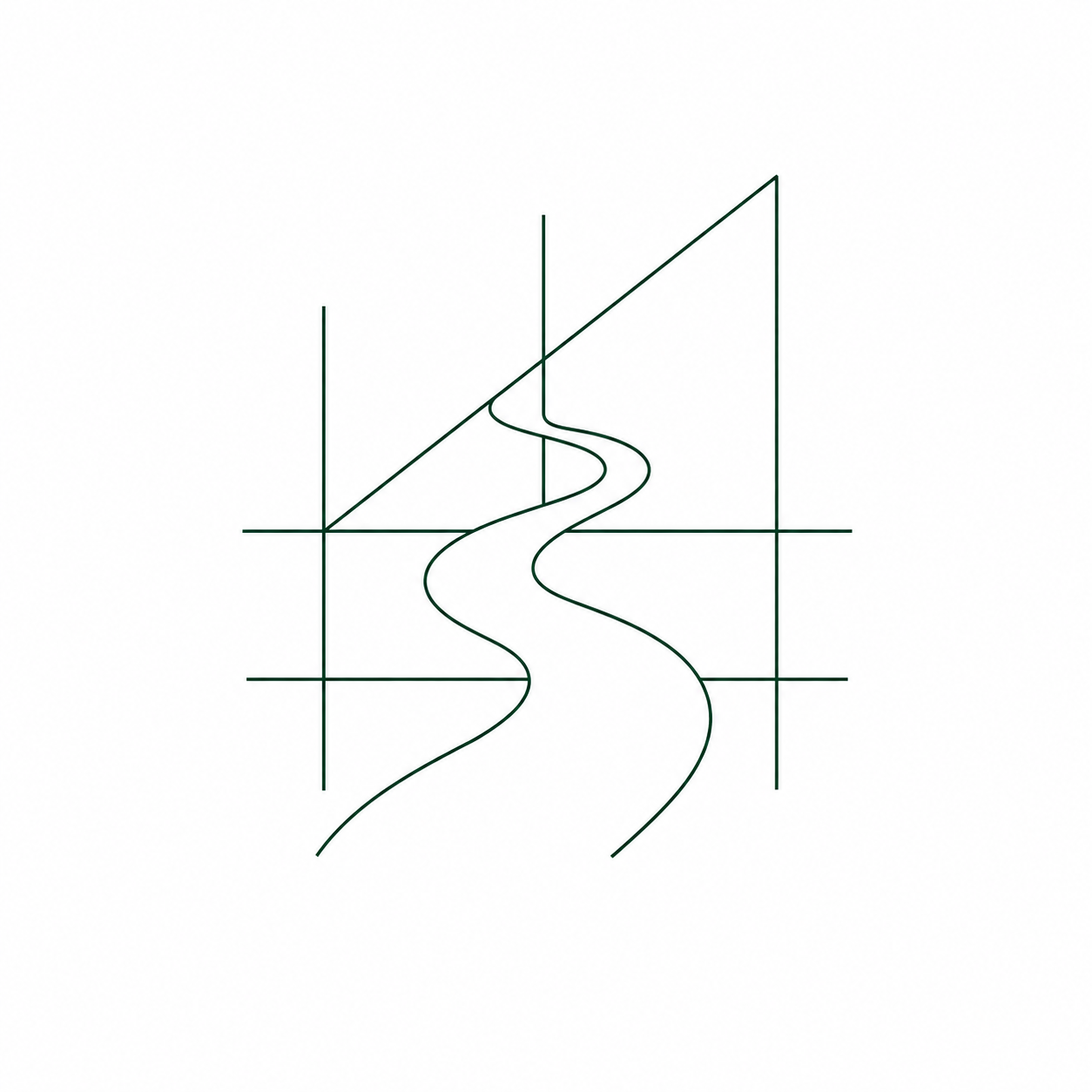 Line drawing of a winding road or river passing through a grid with intersecting horizontal and vertical lines and a sloped triangular shape in the background.