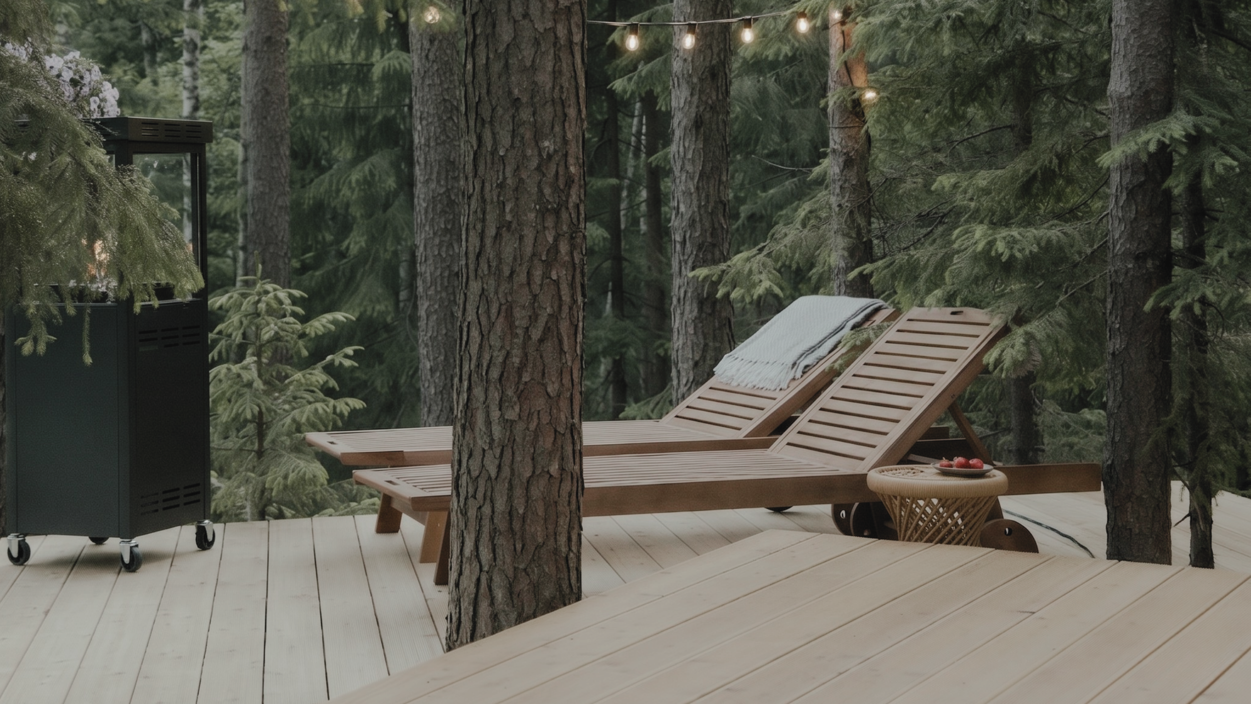 A wooden deck in a forest with two lounge chairs, a blanket, a small wicker table with strawberries, a string of lights overhead, and a black outdoor heater on wheels, surrounded by tall trees and dense greenery.