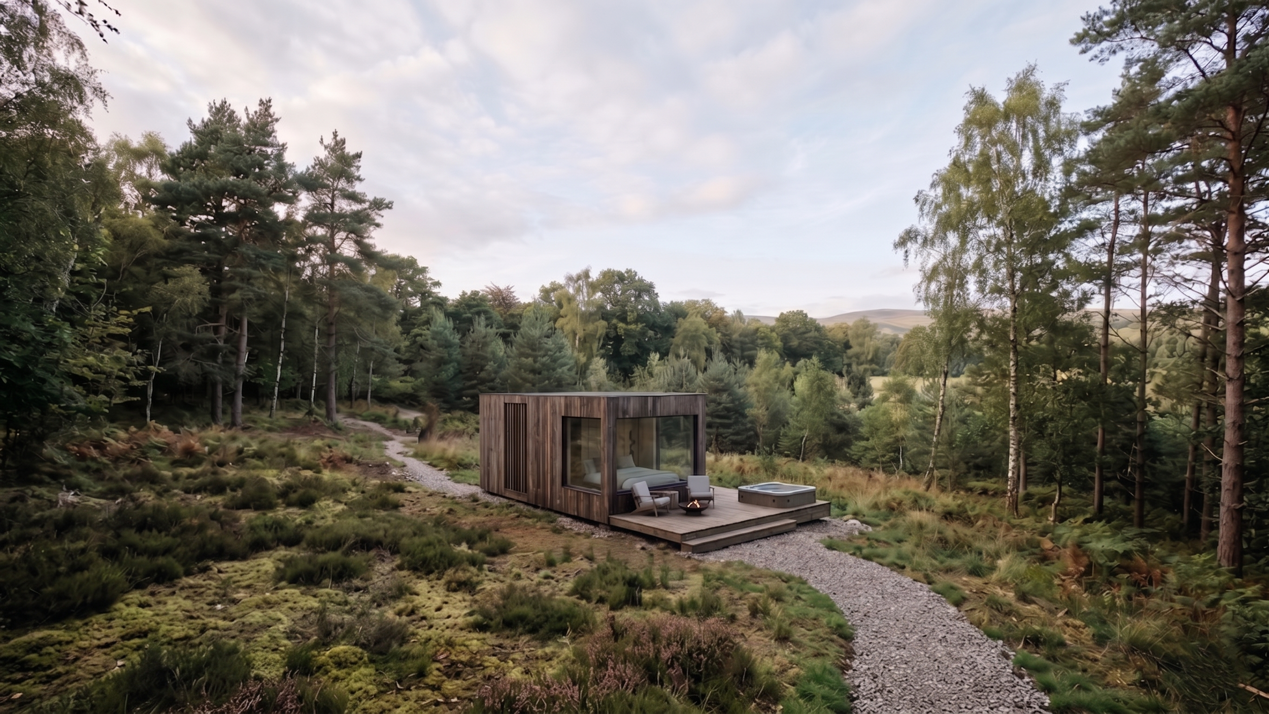 A slow luxury SOMR Glass cabin with large glass windows, outdoor seating area, and a hot tub, situated in a forested landscape with tall trees and a cloudy sky.