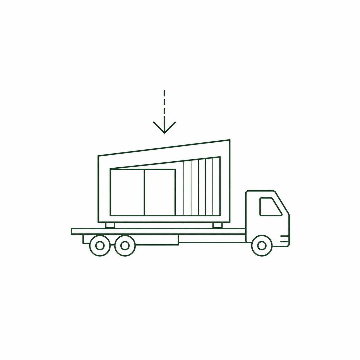 Line drawing of a flatbed truck carrying a large shipping container with an arrow pointing down.