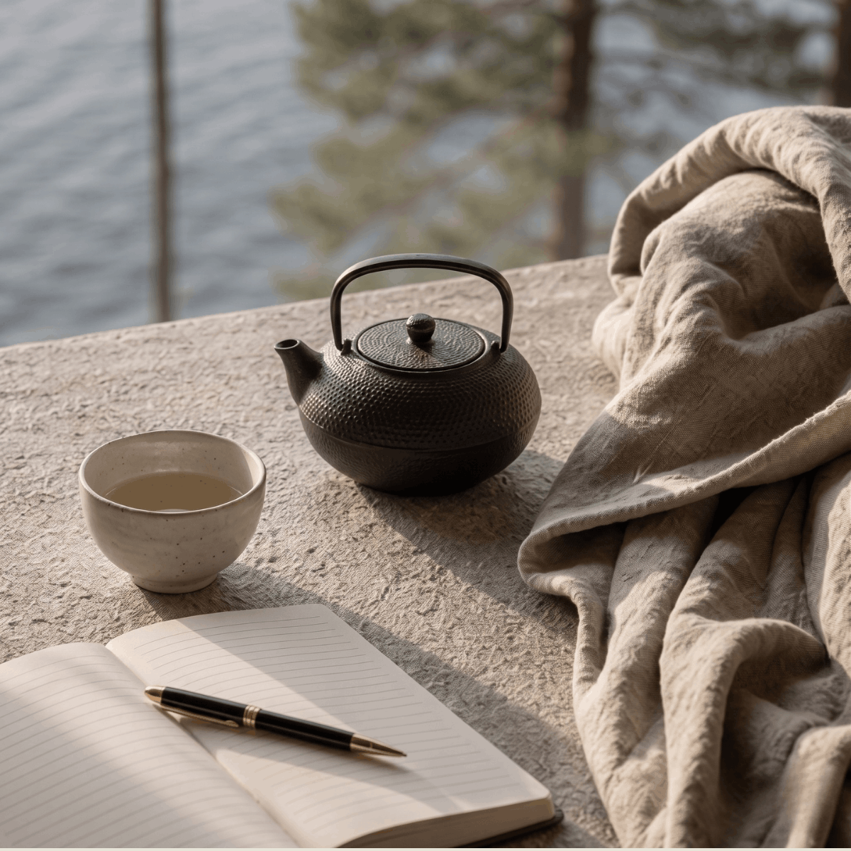 A black teapot, a white teacup filled with tea, an open lined notebook with a pen on top, and a beige cloth on a textured stone surface near a body of water with trees in the background.
