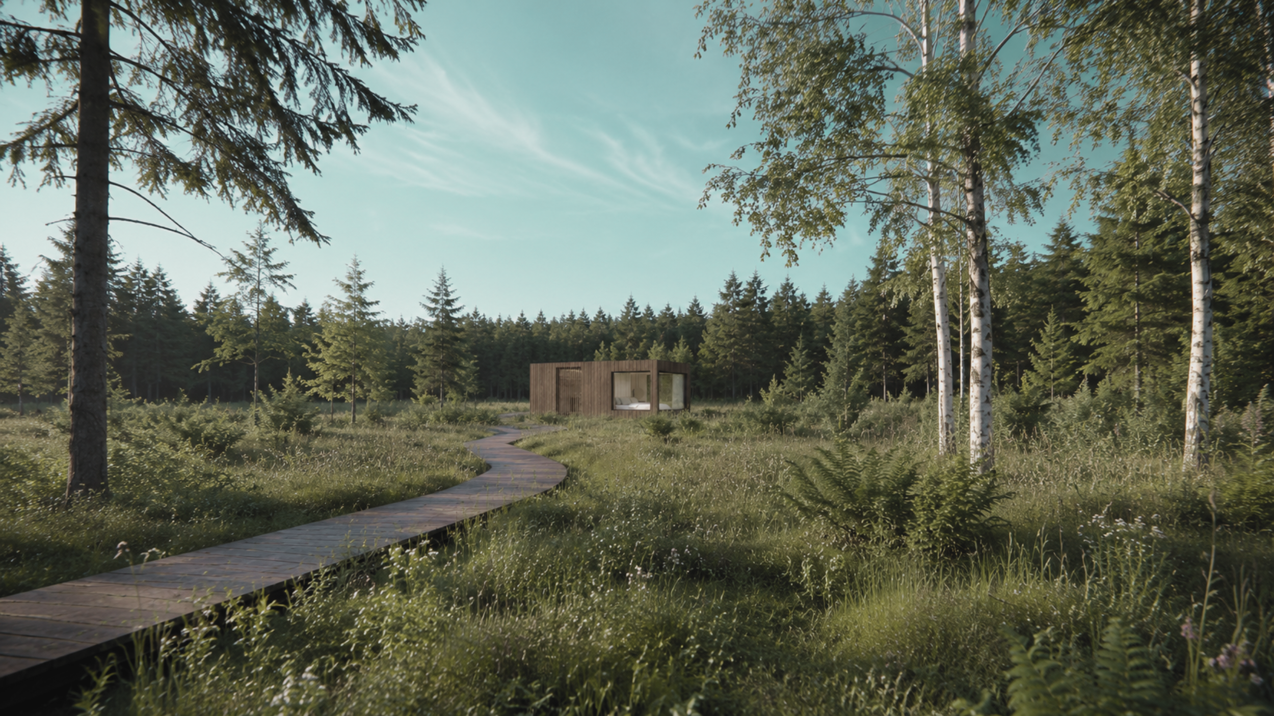 SOMR Glass cabin in a green forest clearing with a winding pathway leading to it, under a partly cloudy sky.