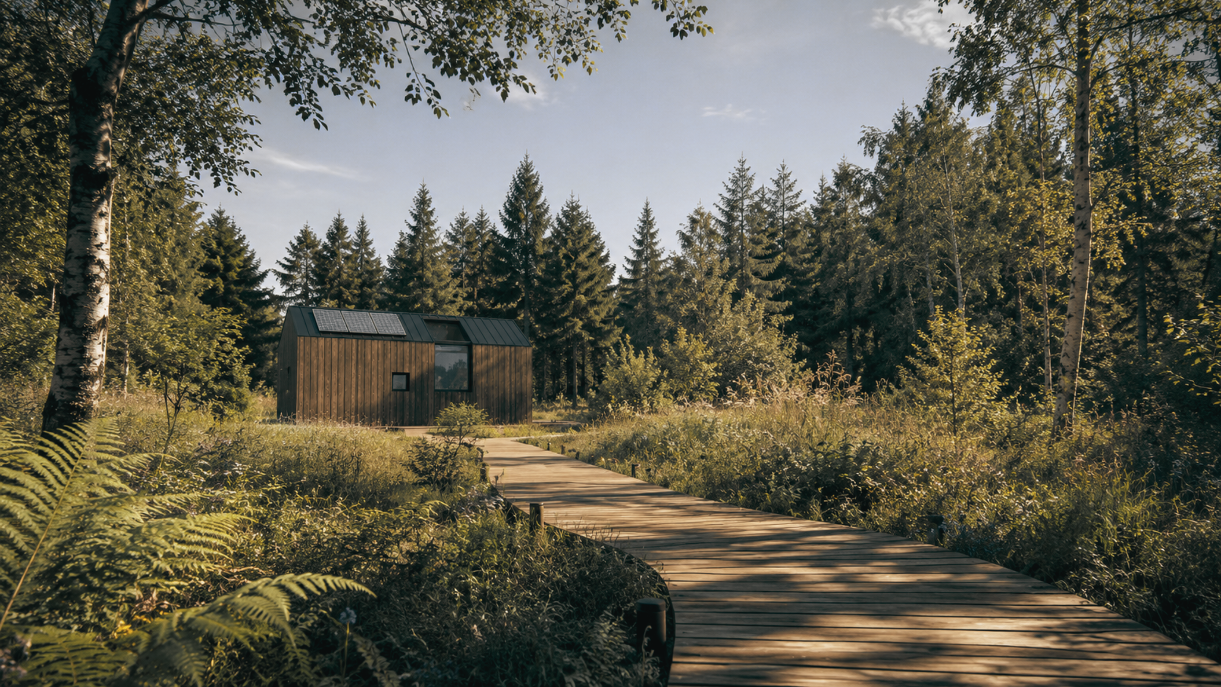 A small dark wooden cabin with solar panels on the roof, situated in a forest clearing with a wooden pathway leading to it, surrounded by green trees and foliage under a partly cloudy sky.
