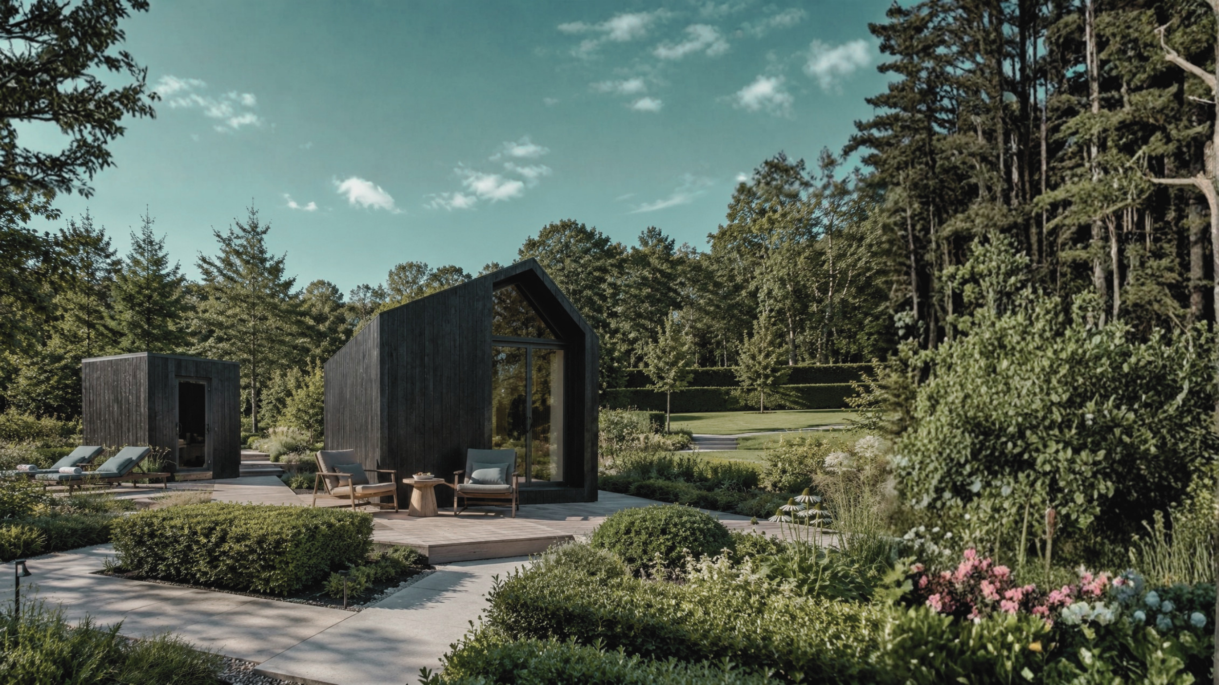 Modern black SOMR Nest cabin surrounded by lush garden with lounge chairs and seating area under a partly cloudy sky.