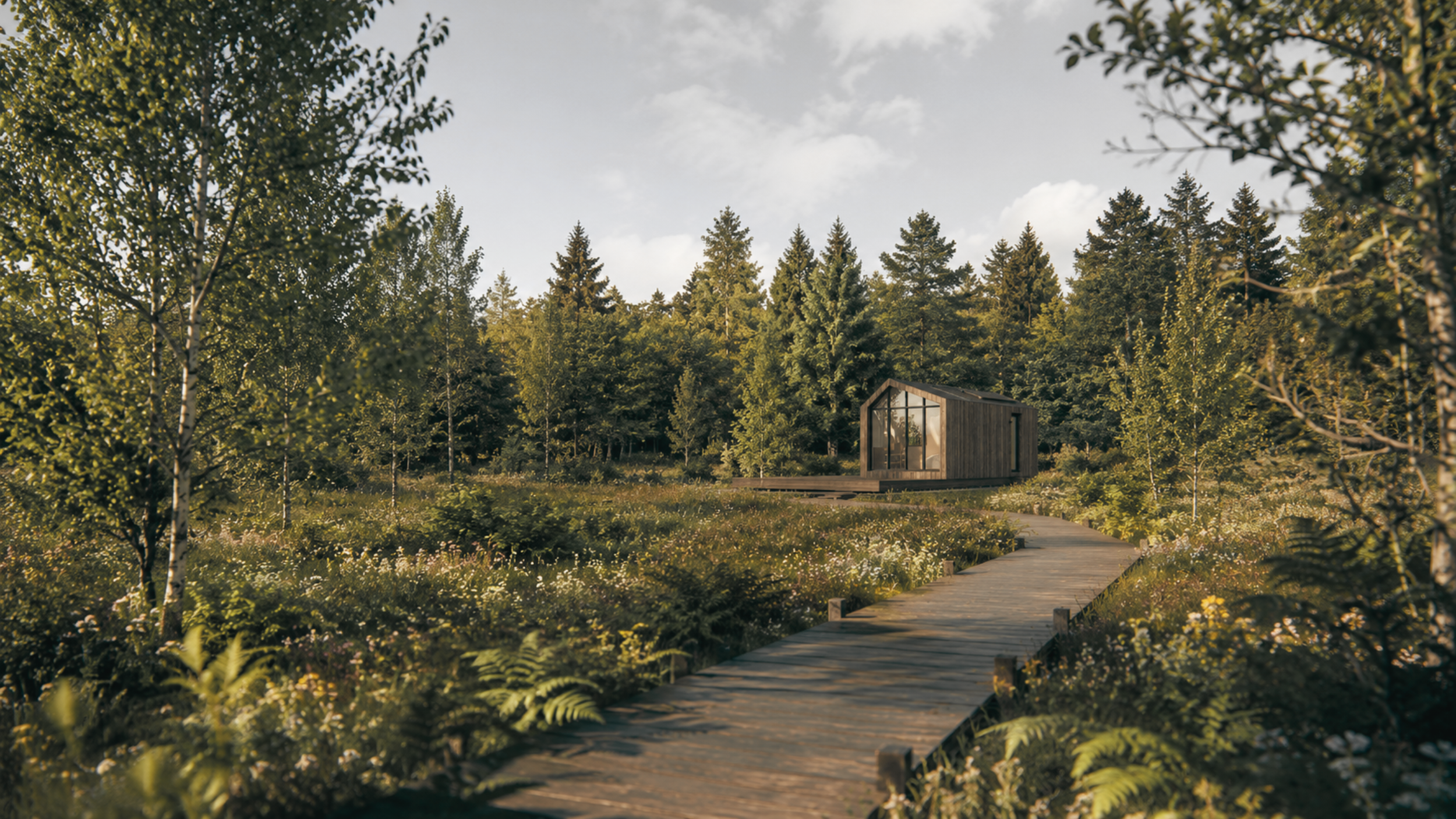 A small wooden cabin with large glass windows in a lush, green forest. A winding wooden pathway leads to the cabin. The scene is bright and peaceful with trees and flowering plants.