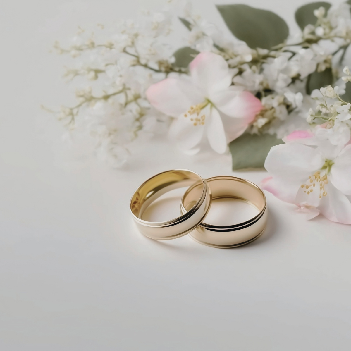 Gold wedding rings placed on a white surface with white and pink flowers in the background.