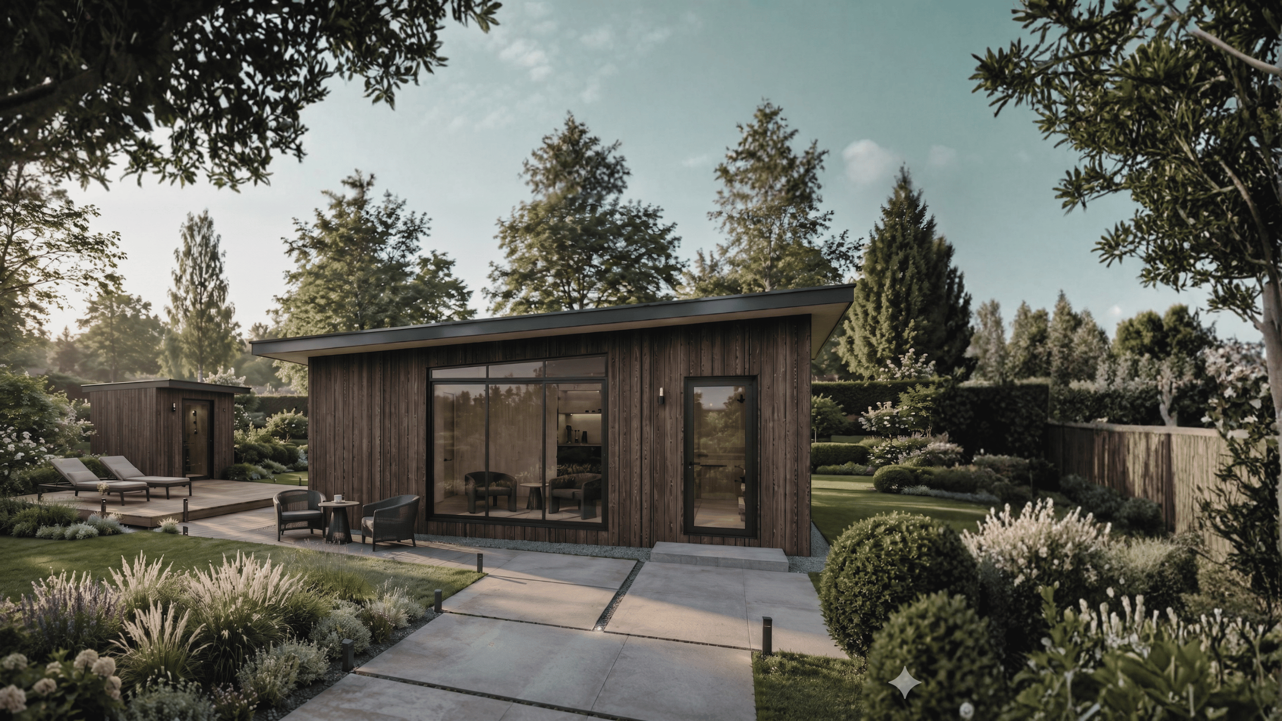 Japandi SOMR cabin with large glass windows in a landscaped backyard with outdoor seating, surrounded by trees and flowering bushes, under a partly cloudy sky.