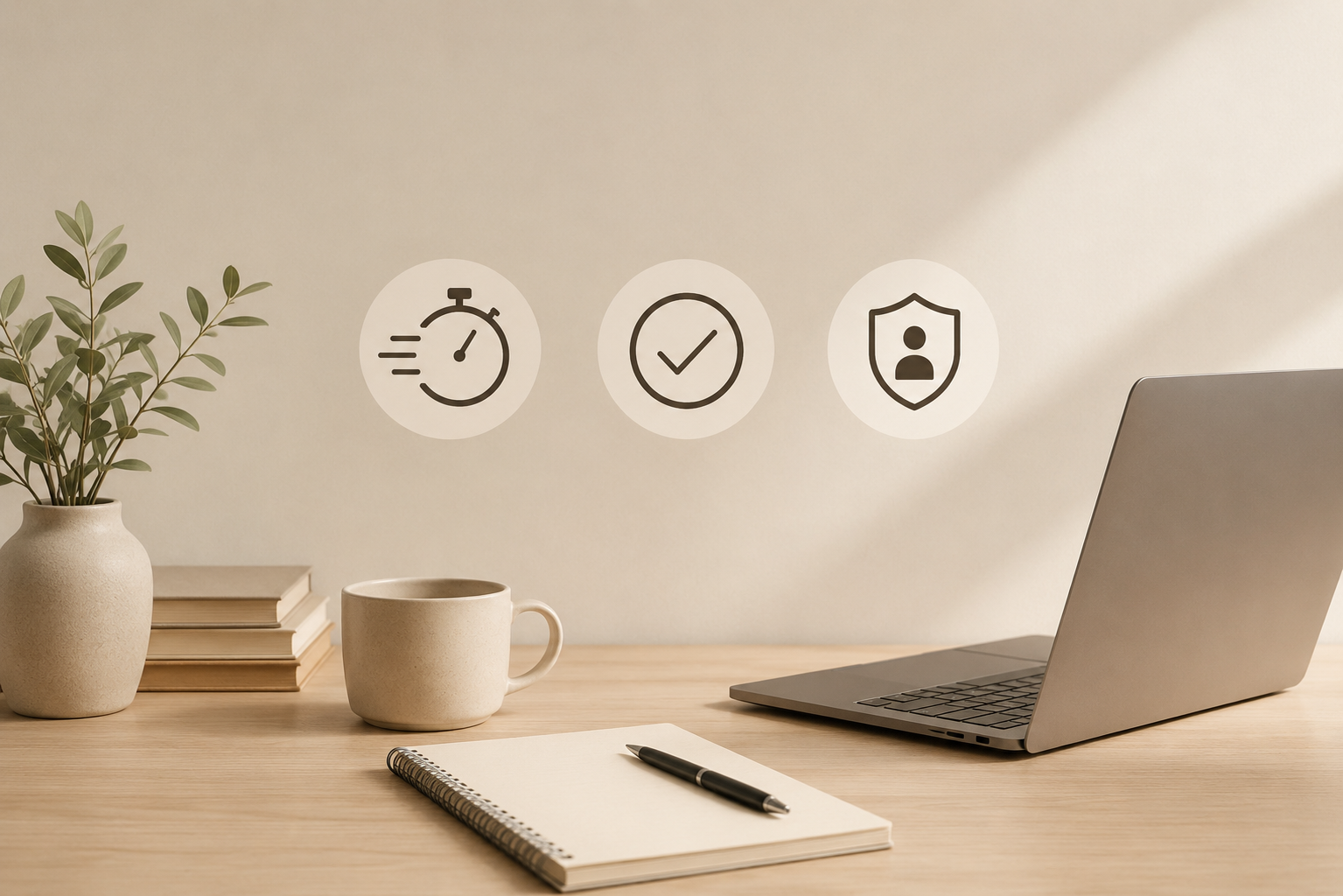 Work desk with a potted plant, stacked books, a coffee mug, a notebook with a pen, a laptop, and icons representing speed, approval, and security