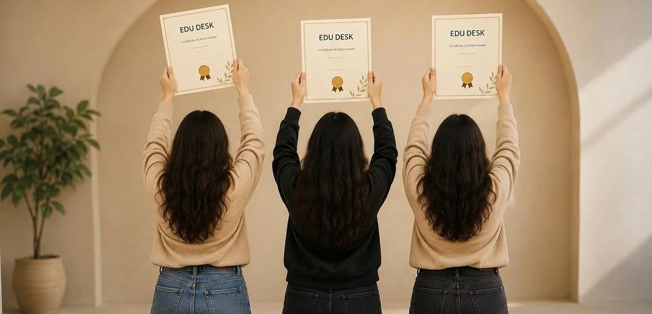 Three women are standing side by side, each holding an educational certificate above their heads. The certificates have the text "EDU DESK" and a gold medal icon. They are inside a room with a plant on the left and an arched doorway in the background.