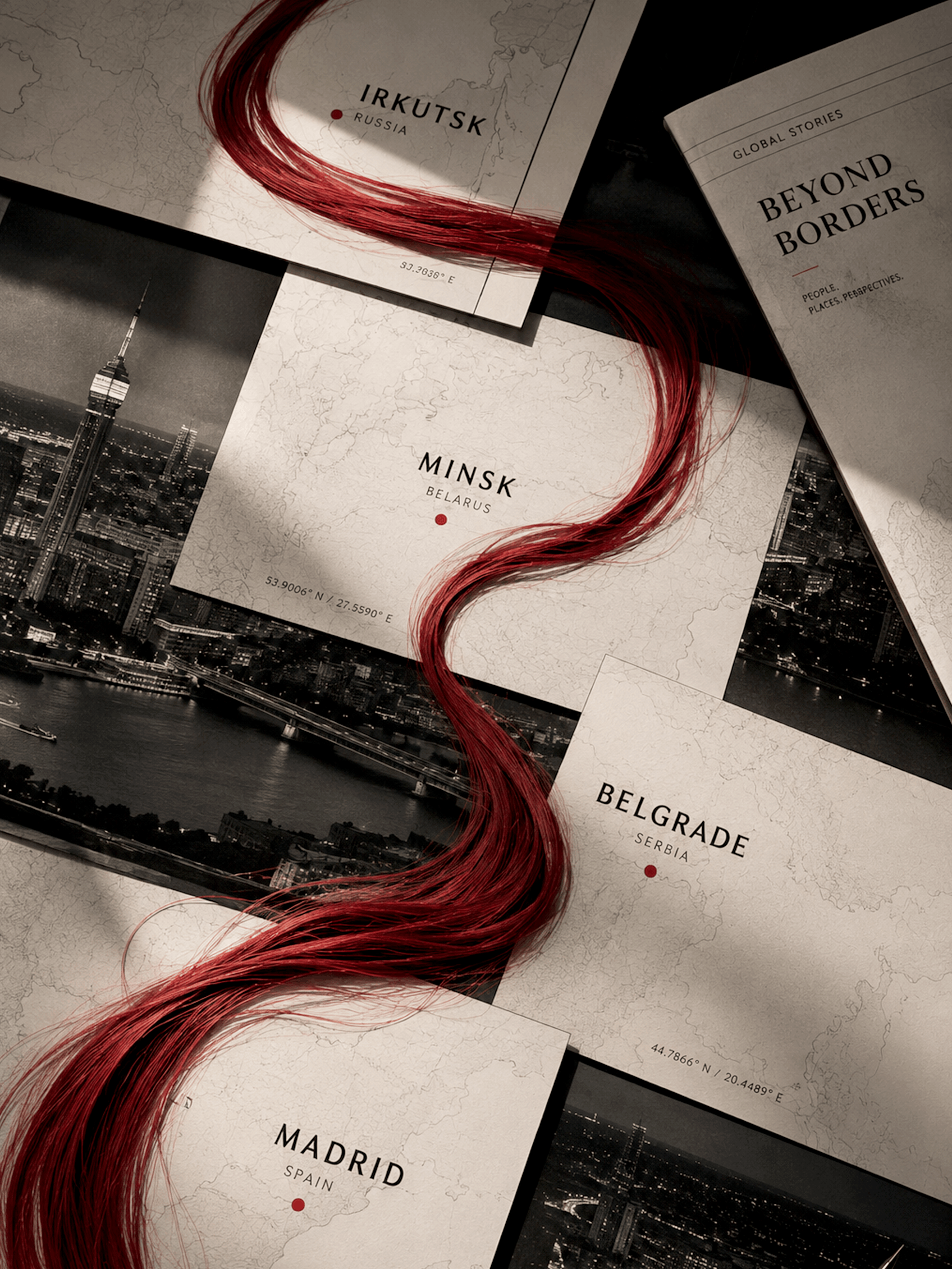 A map showing the locations of Irkutsk in Russia, Minsk in Belarus, Madrid in Spain, and Belgrade in Serbia, connected by a red, winding line.