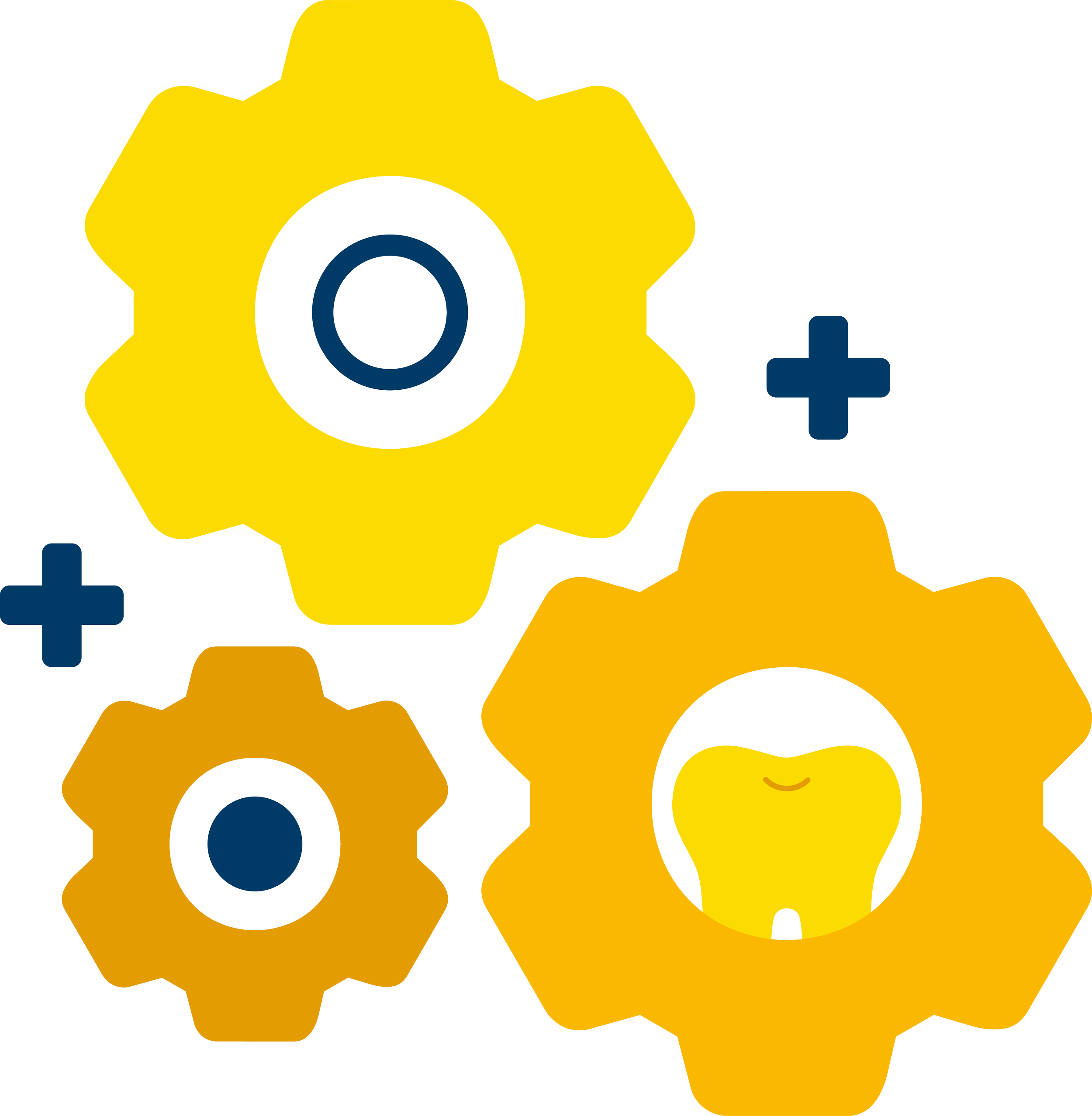 Cluster of yellow gear icons with black and blue centers, some with small blue plus signs nearby, representing settings or tools. Part of the NECTAR study Improving dental care pathways for children