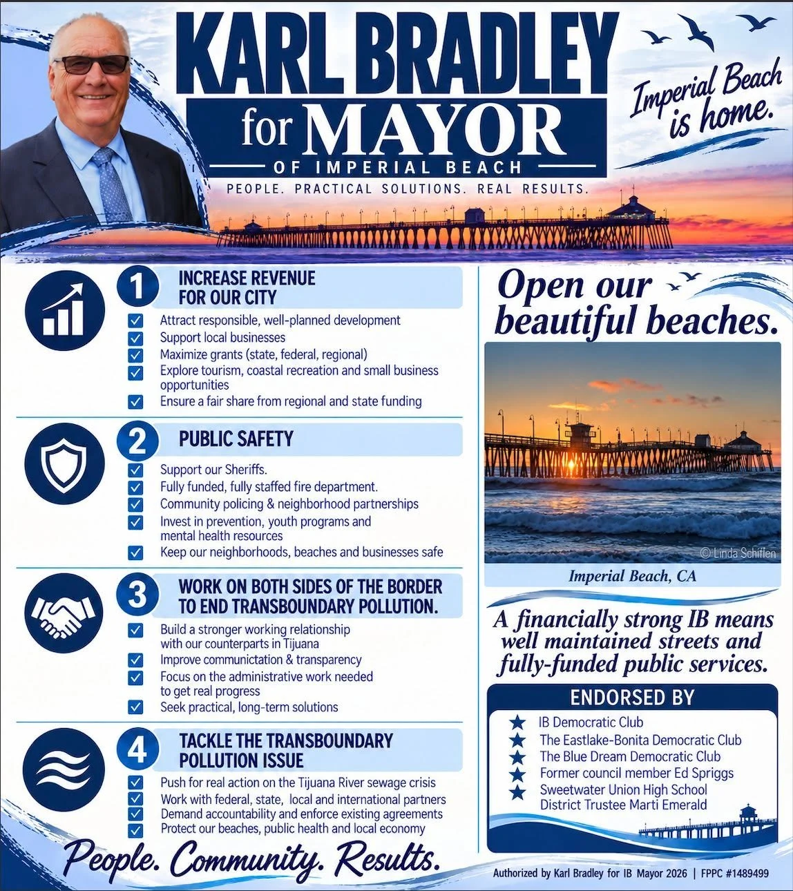 I'm thrilled to call this amazing town my home and can't wait to empower EVERY single Imperial Beach resident to thrive as their next mayor! 🌴 

#kb_4ib #kb4ib #imperialbeachmayor #imperialbeachdemocrats #karlbradleyformayor #ibdemocrats #ibforkarlb