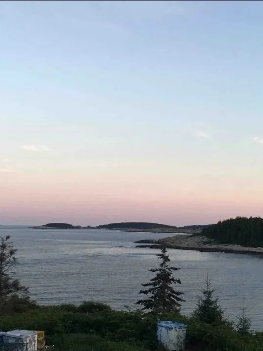 A serene coastal landscape at sunset with calm water, small islands in the distance, and trees in the foreground.
