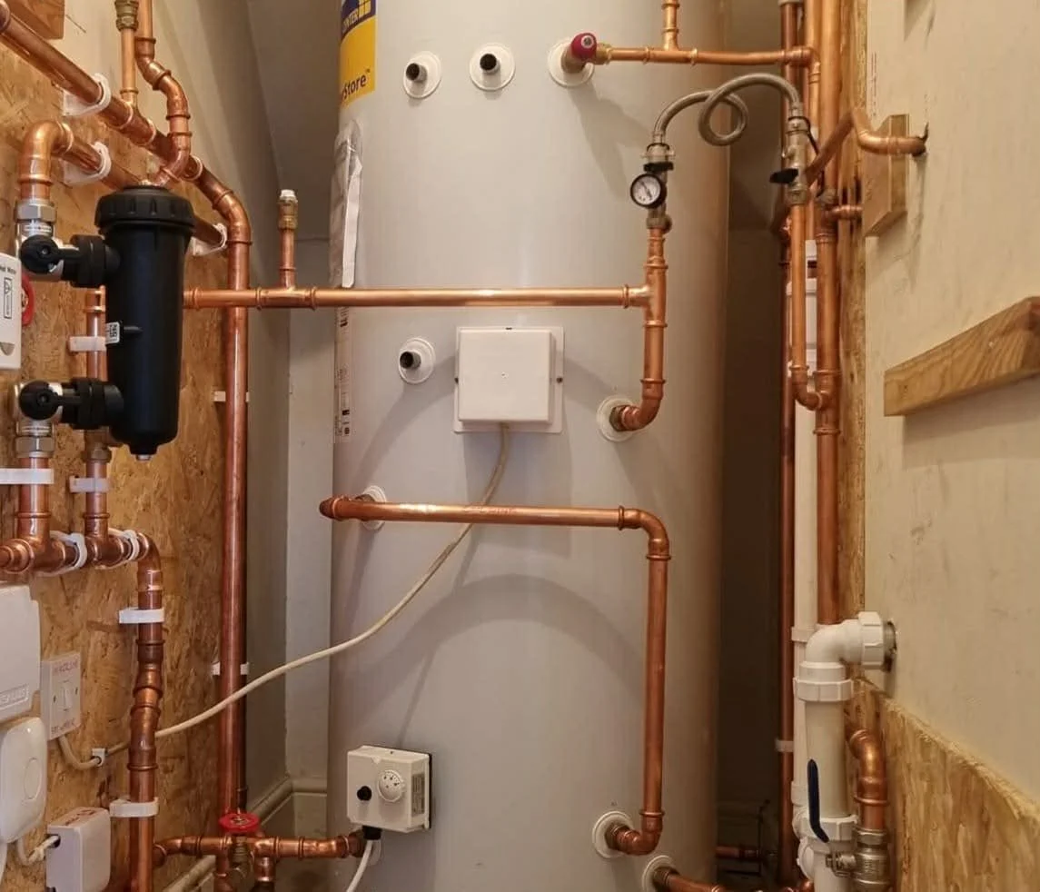 Plumbing and heating system with exposed copper pipes, pressure gauges, and a large white water heater in a utility room.