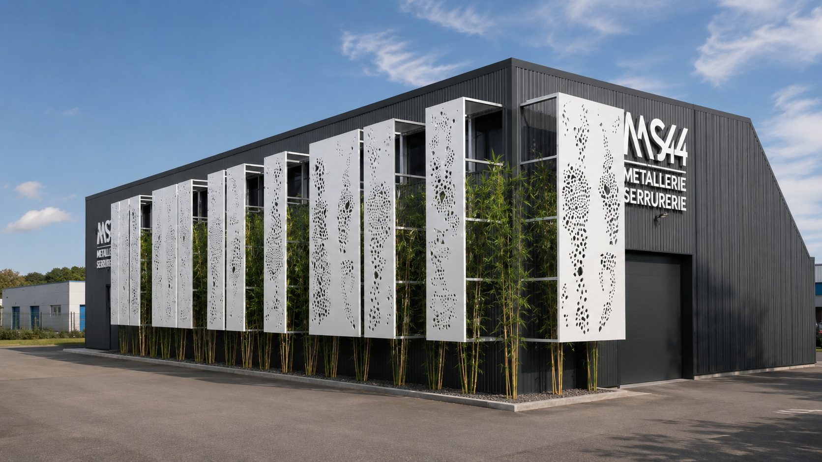 MS44 Métallerie Serrurerie – Réalisation - Bardage sombre, panneaux métalliques perforés à motifs organiques et plantations de bambous en pied de façade : un bâtiment industriel qui fait de son propre savoir-faire un argument architectural, alliant i