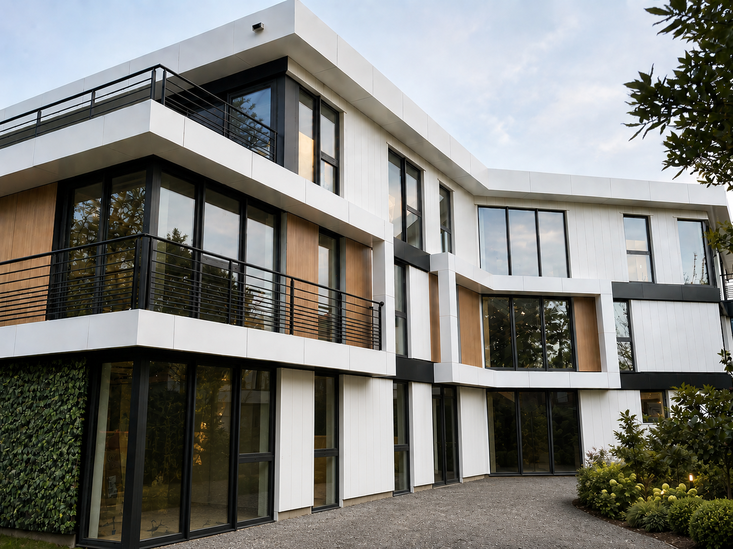Programme tertiaire aux volumes généreux — façade enduite, intégration bois et grandes baies vitrées pour un bâtiment lumineux et contemporain.