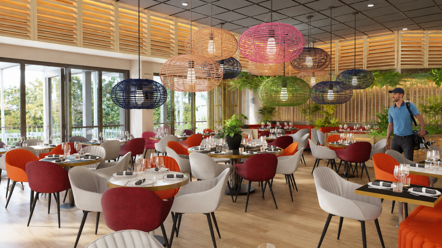 Salle de restaurant BLUEGREEN — Concours - Suspensions en osier coloré, fauteuils bicolores et boiseries ajourées pour une ambiance chaleureuse et contemporaine.
