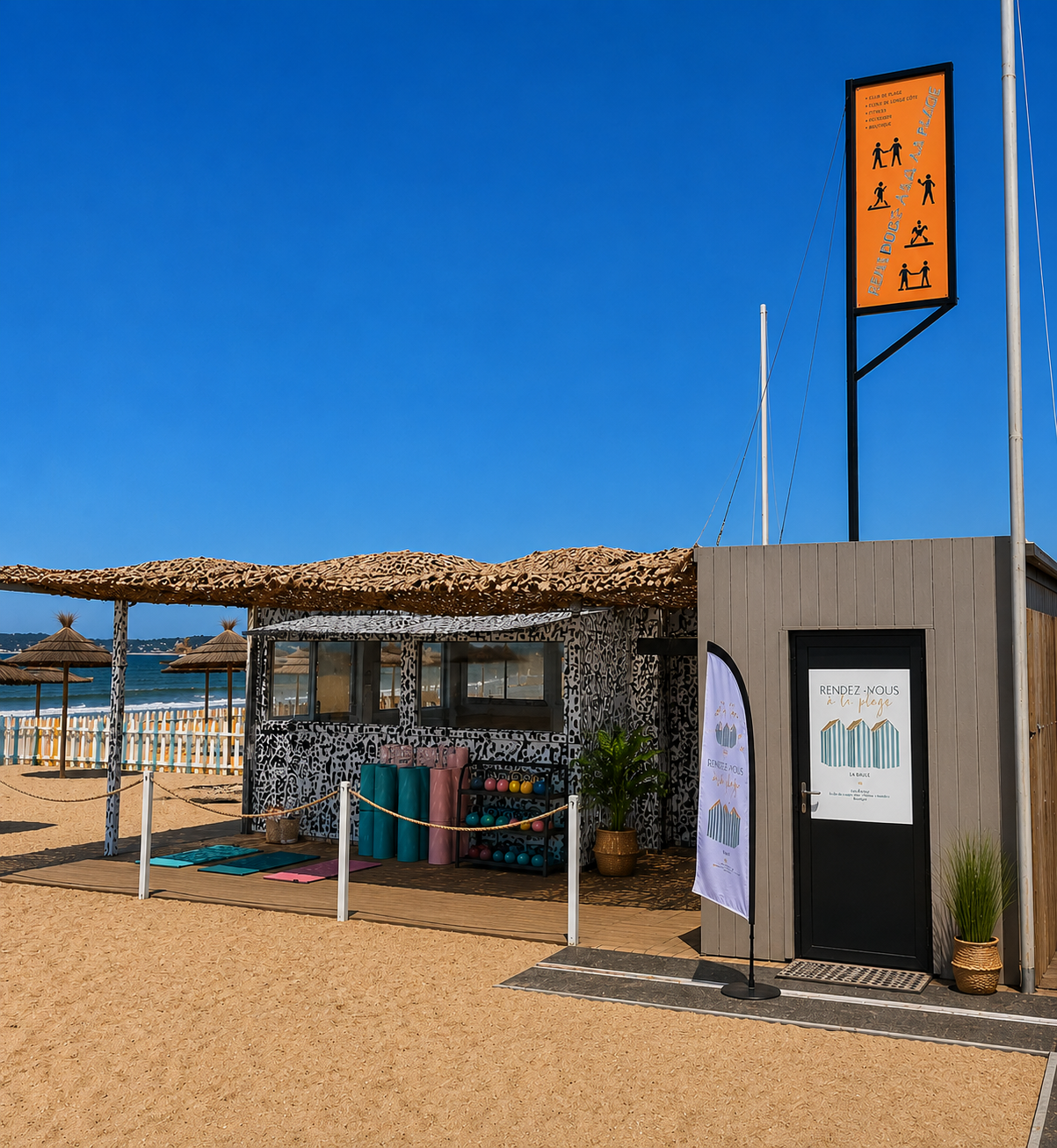 Club de plage dédié aux activités sportives et de bien-être, réalisé à partir de conteneurs réhabilités. Une solution fonctionnelle et durable, pensée pour s'intégrer harmonieusement à son environnement tout en offrant un lieu convivial et accueillan