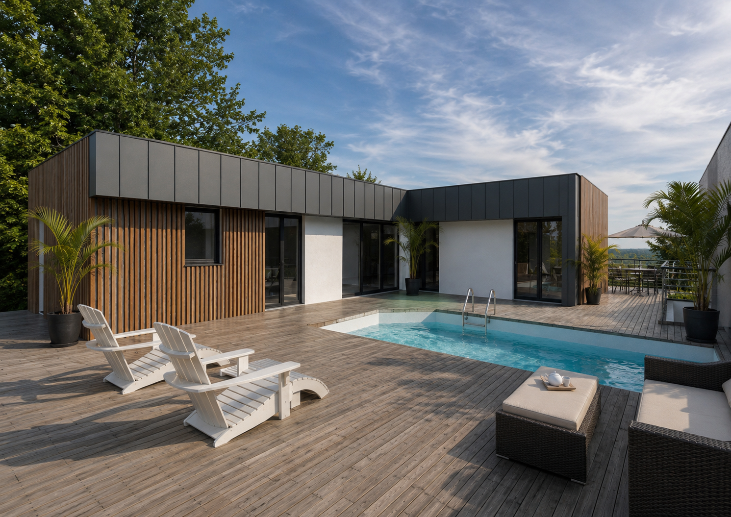 Villa de plain-pied ouverte sur sa terrasse en bois et sa piscine. Bardage vertical, toiture plate et espaces extérieurs généreux pour une vie au grand air.
