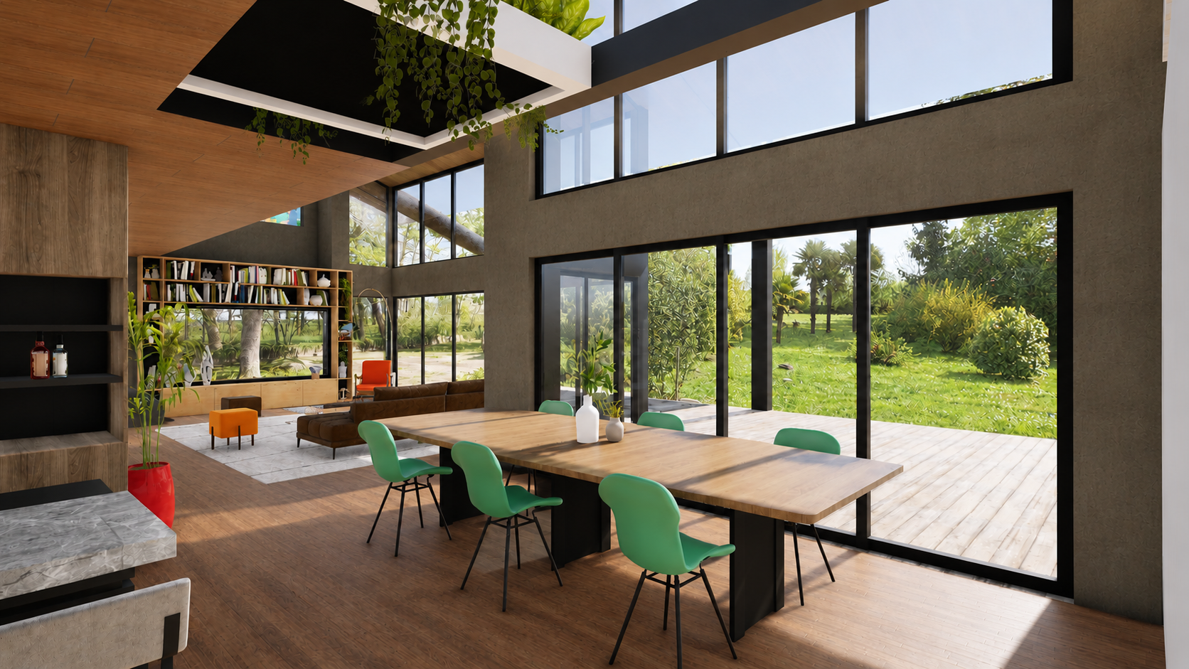 Visuel 3D – Espace de vie largement ouvert sur le jardin, plafond bois et grandes baies vitrées créent un intérieur lumineux où architecture et nature dialoguent en permanence.