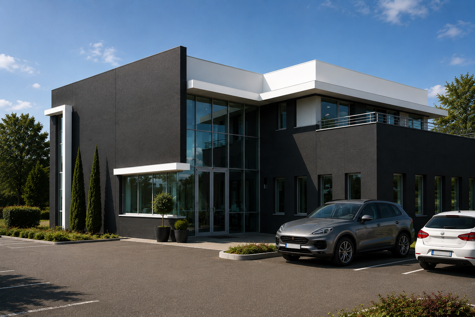 Bâtiment d’activité à l’architecture soignée : volumes contrastés, façade vitrée en angle et traitement paysager pour une image professionnelle affirmée.