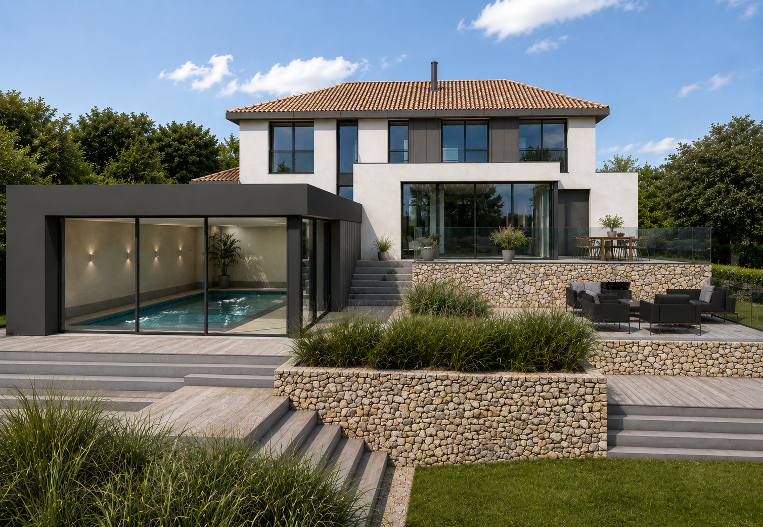 Maison individuelle – Réalisation – Extension contemporaine abritant une piscine intérieure vitrée, terrasses en bois étagées et murets en gabions : une rénovation qui conjugue l'élégance d'une toiture en tuiles traditionnelle avec des volumes noirs 