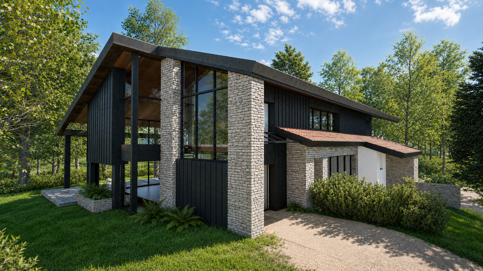 Maison individuelle – Visuel 3D – Façade alliant pierre de taille, zinc noir et grandes baies vitrées sous une toiture à double pente marquée : une architecture contemporaine ancrée dans son environnement végétal, où les matériaux naturels dialoguent