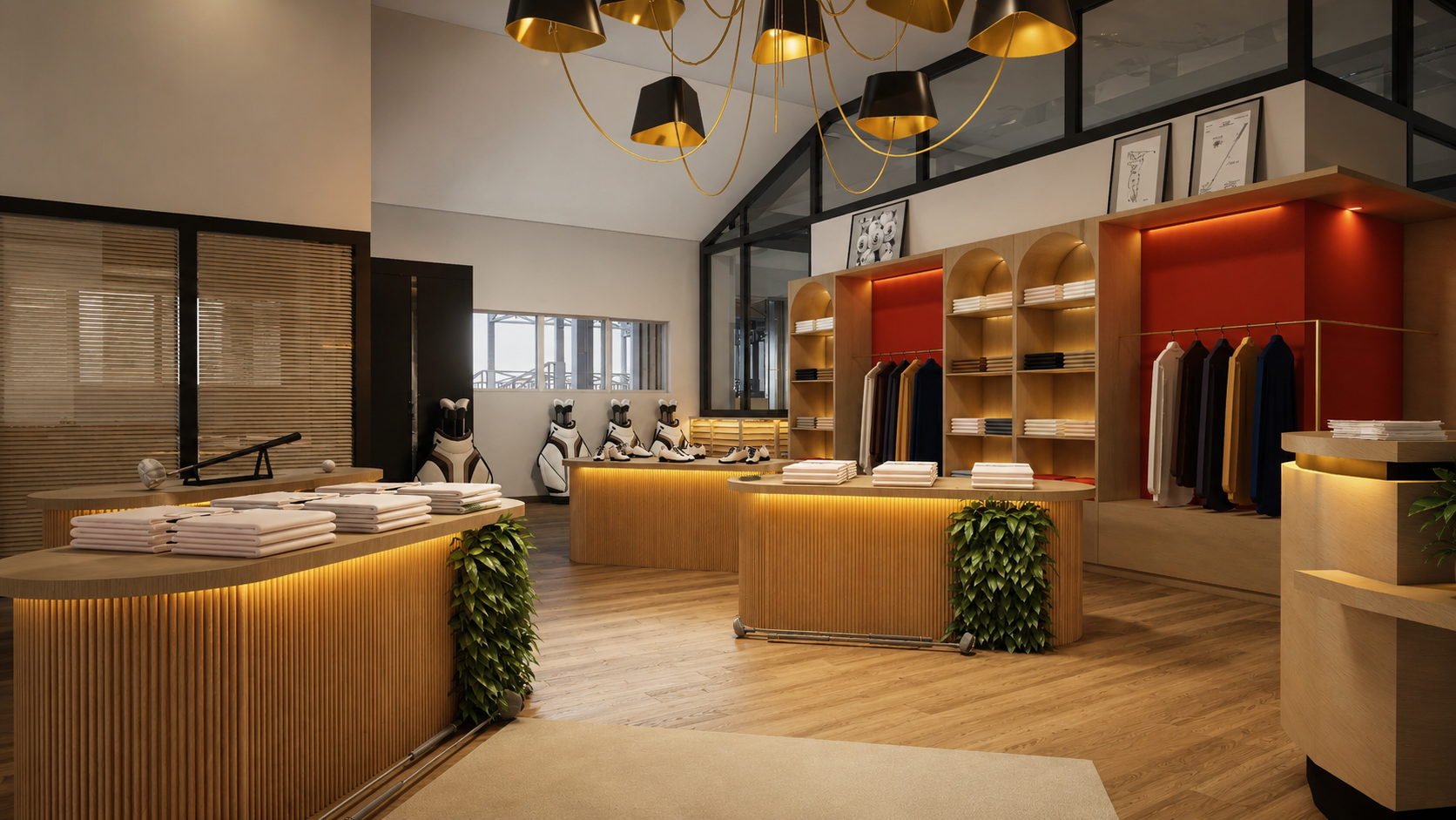 Boutique – Concours – Éclairage tamisé, rayonnages en bois et plafond sombre : un espace de vente à l'ambiance intime qui met en valeur les produits.