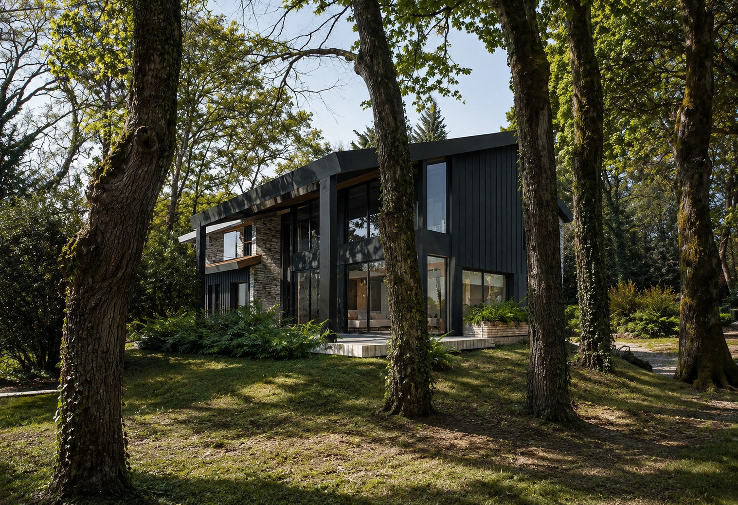 Maison individuelle – Visuel 3D – Implantée au cœur d'un environnement boisé préservé, cette maison contemporaine associe bardage sombre, pierre naturelle et larges surfaces vitrées. Son architecture épurée s'ouvre généreusement sur le paysage, offra