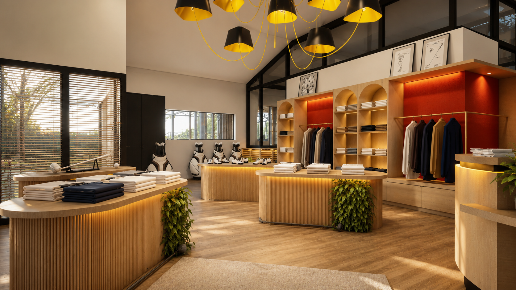 Boutique BLUEGREEN - Concours - Un espace retail haut de gamme alliant bois clair, touches orangées et mobilier intégré. Le golf comme art de vivre.