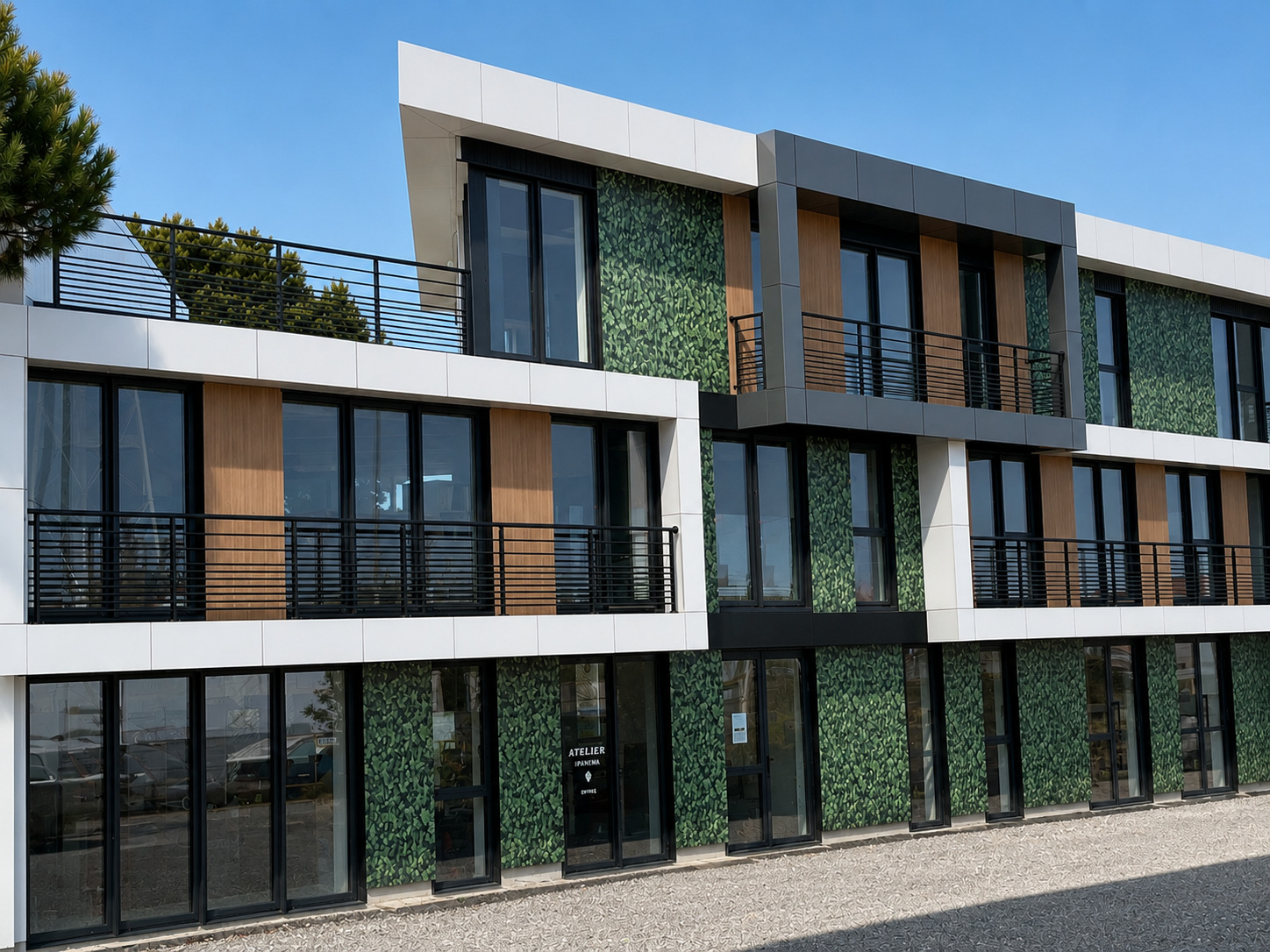 Détail de façade : claustra végétal, menuiseries noires et bardage bois composent une peau architecturale rythmée, entre minéral et naturel.