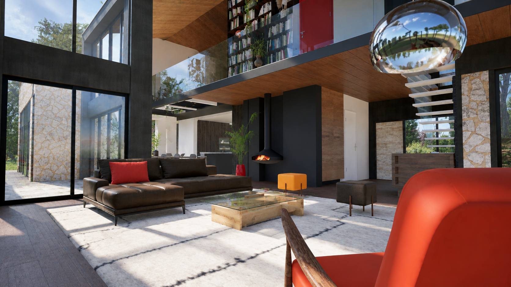 Visuel 3D – Séjour en double hauteur structuré autour d'une cheminée contemporaine, d'une bibliothèque suspendue et de volumes généreux offrant une atmosphère élégante et chaleureuse.