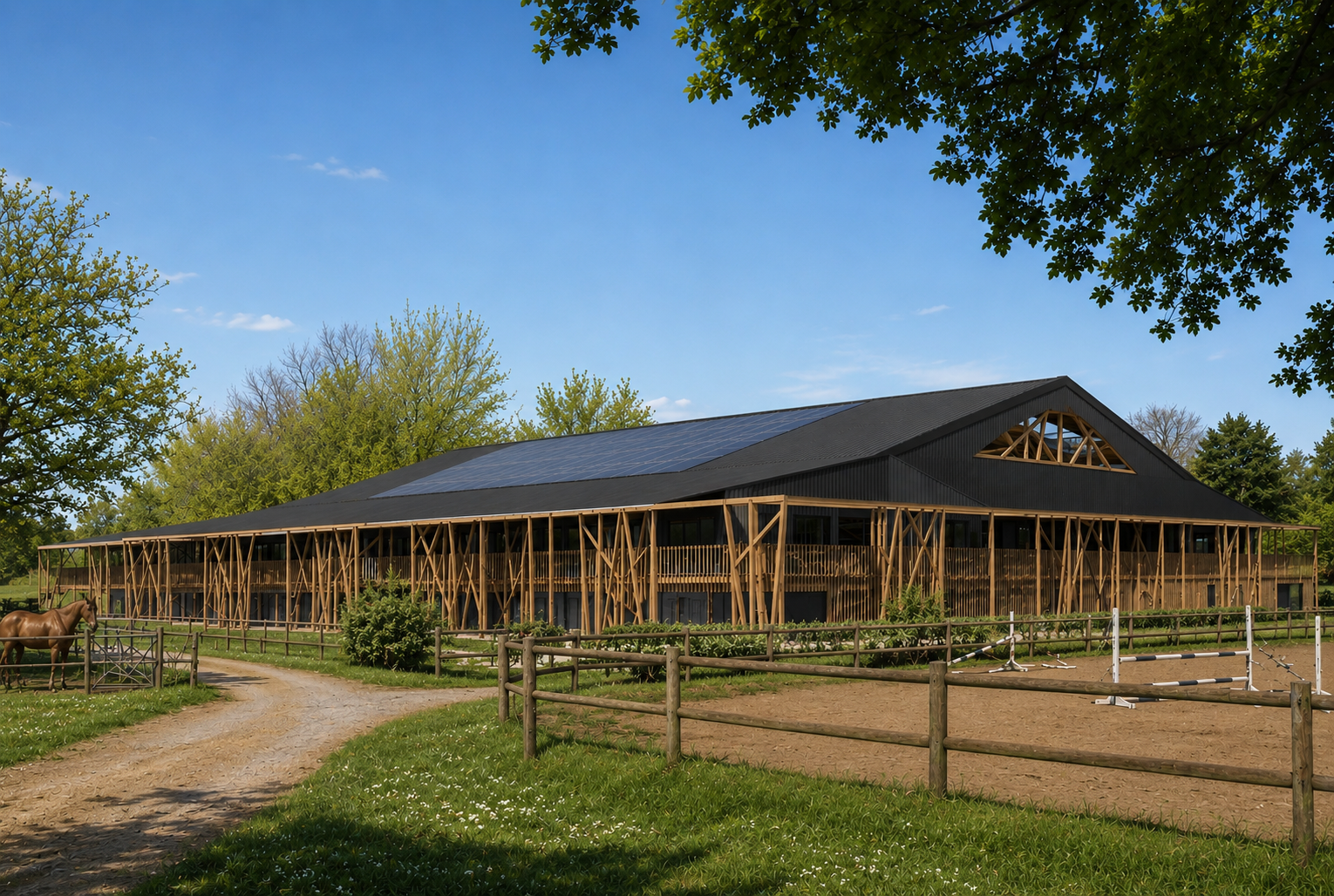 Centre équestre – Réalisation - Structure en bois à charpente apparente et couverture sombre s'intègrent avec élégance dans le paysage rural, conjuguant fonctionnalité agricole et qualité architecturale.