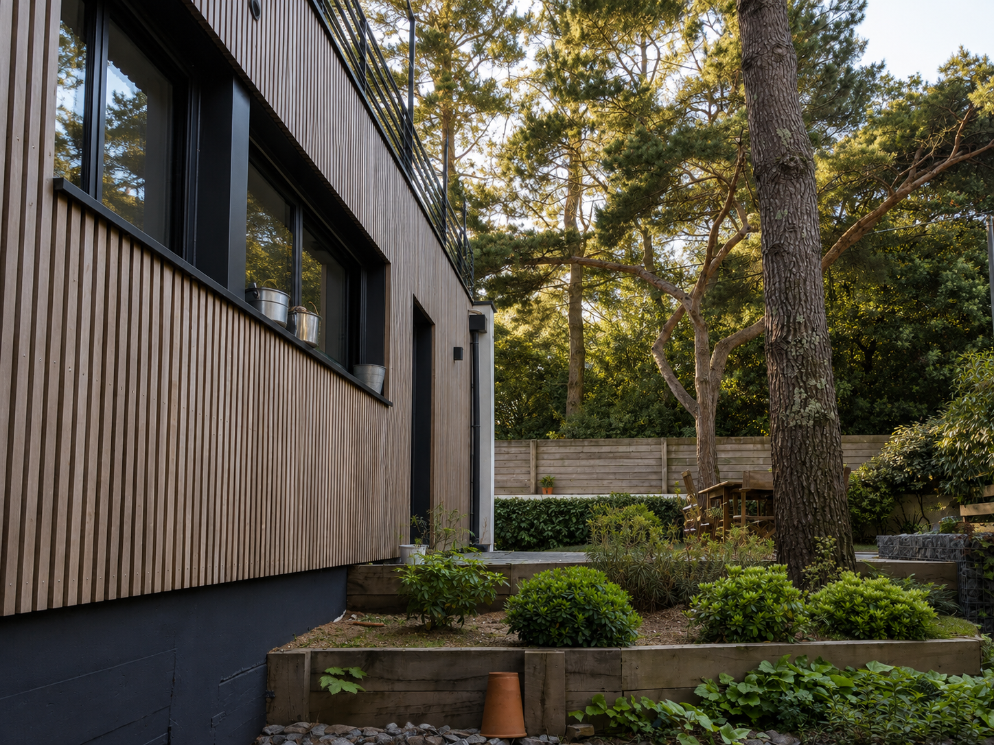 Une maison qui s'efface dans son environnement. Bardage en bois, implantation entre les pins et jardin en restanques — l'architecture au service du paysage.