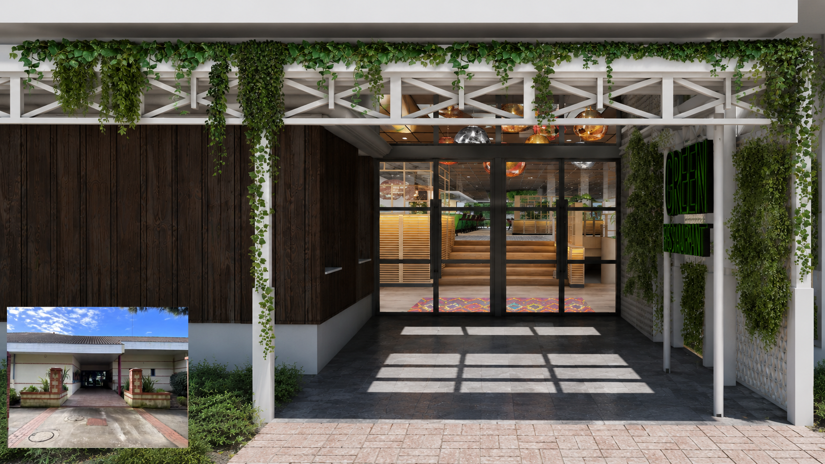 Entrée de restaurant – Visuel 3D – Portique en bois et métal habillé de végétation grimpante : une entrée généreuse et végétale qui annonce avec caractère l’identité du lieu avant même de franchir le seuil.