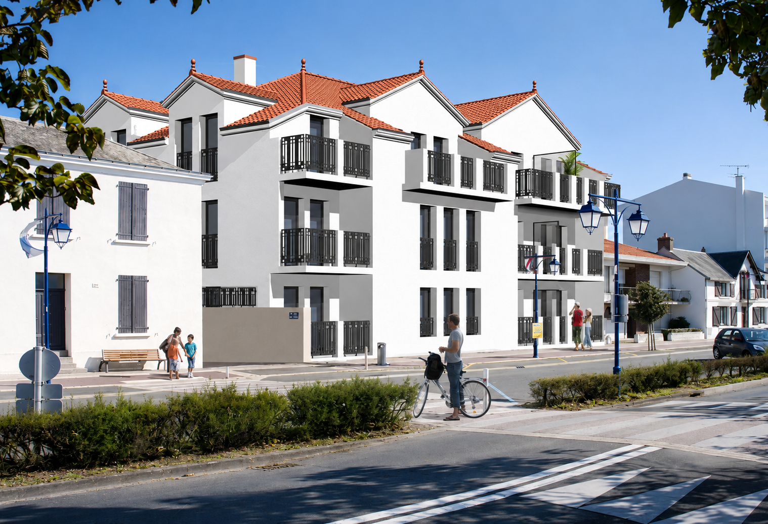 Construction de logements à Saint-Gilles-Croix-de-Vie - 
Cette résidence collective revisite l’architecture locale avec élégance grâce à ses façades blanches lumineuses, ses toitures en tuiles et ses généreux espaces extérieurs. Un projet conçu pour 