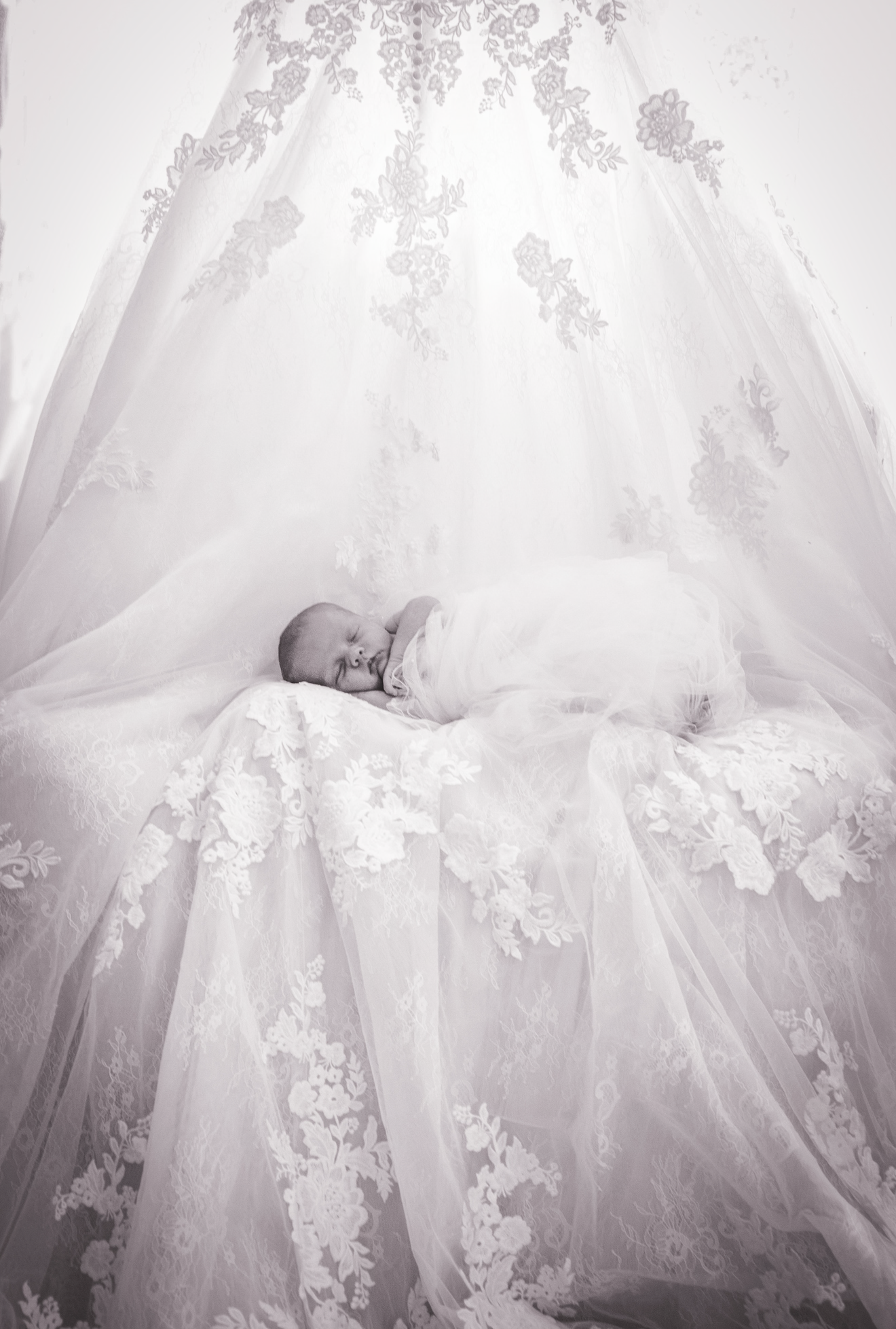 A newborn baby sleeping on a lace-covered surface beneath a lace canopy with floral embroidery, in a soft, monochrome white tone.