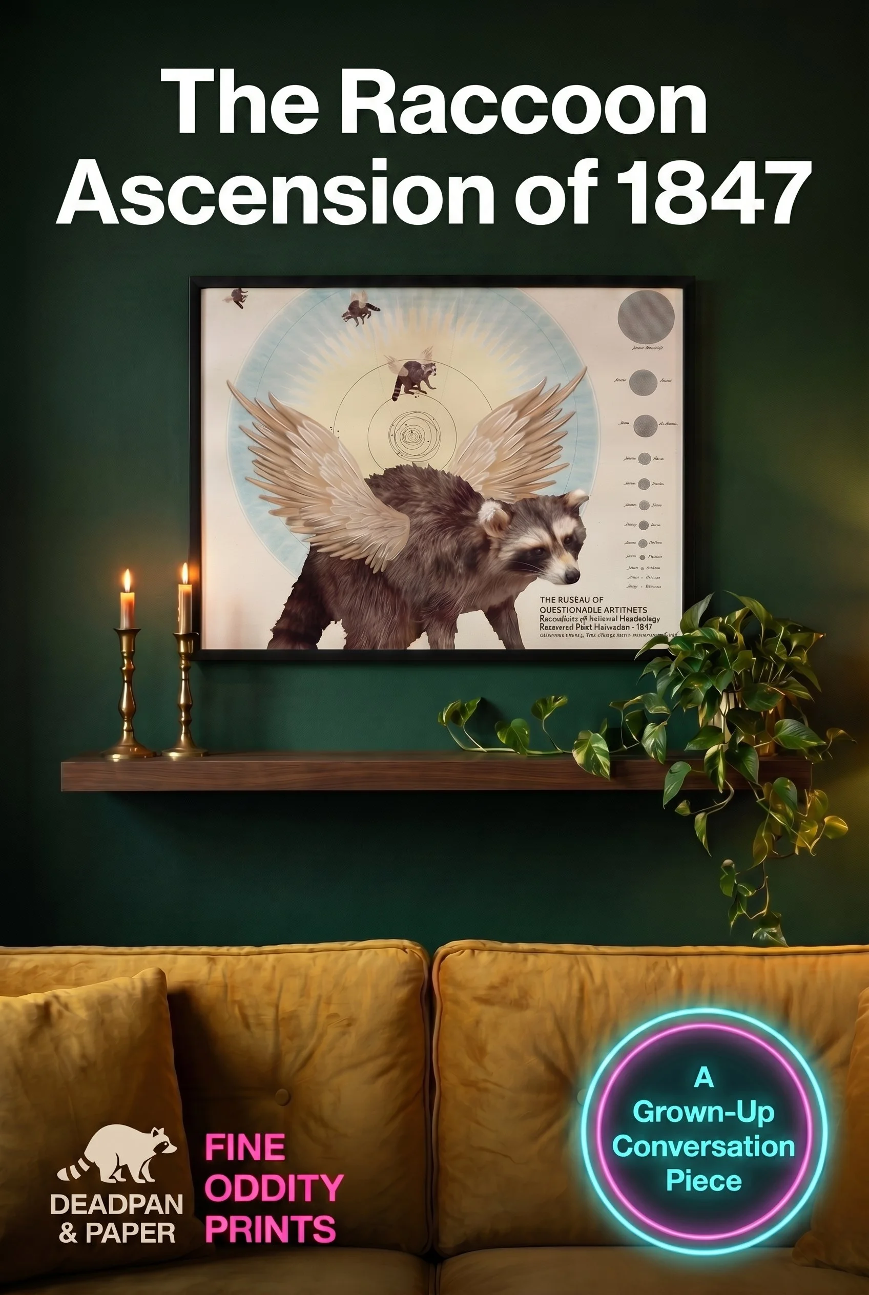 Raccoon Wall Art Print, Whimsical Oddity Poster, Winged Animal Faux Museum Decor, Curiosity Cabinet Art