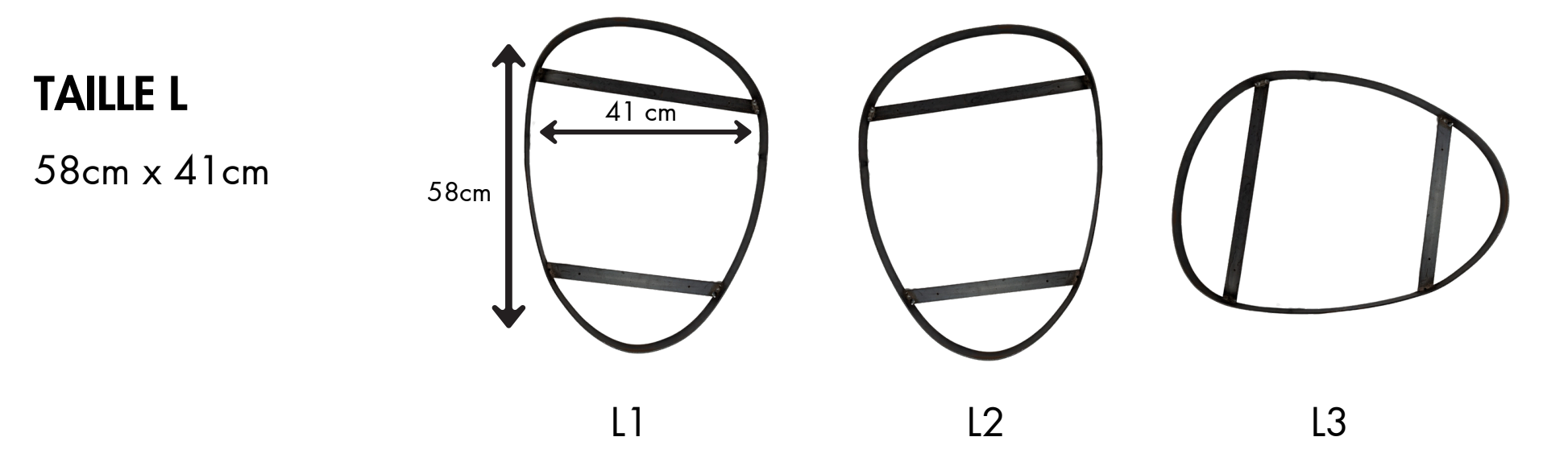 Diagramme montrant différentes structures de cadres ovales en métal avec dimensions, destiné à la dimension L 58 cm x 41 cm, modèle L1, L2, L3.